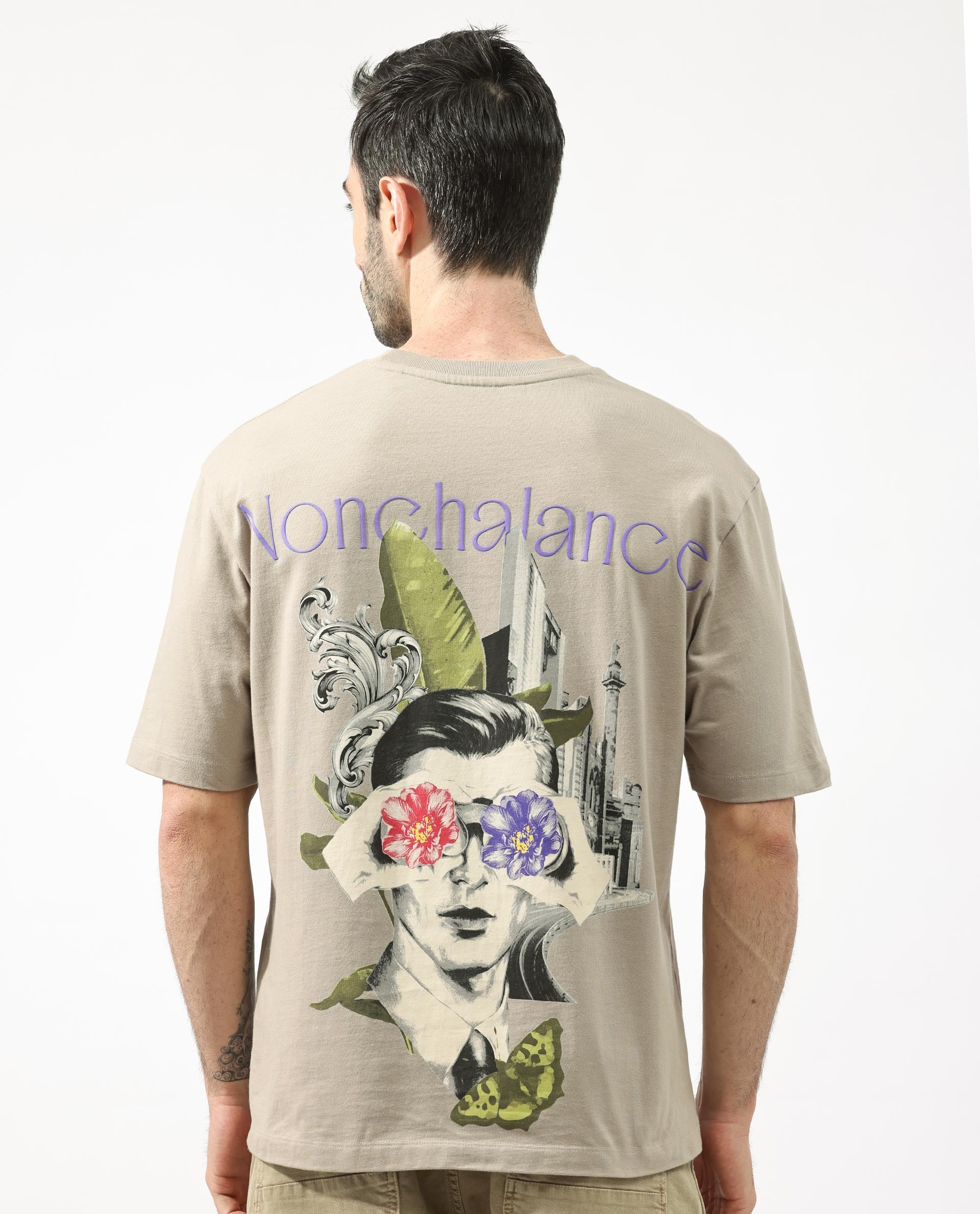 Rare Rabbit Articale Men's Pov Dusky Beige Cotton Polyester Fabric Crew Neck Oversized Fit Graphic Print T-Shirt