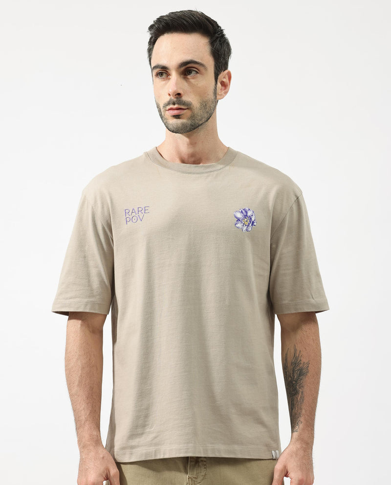 Rare Rabbit Articale Men's Pov Dusky Beige Cotton Polyester Fabric Crew Neck Oversized Fit Graphic Print T-Shirt