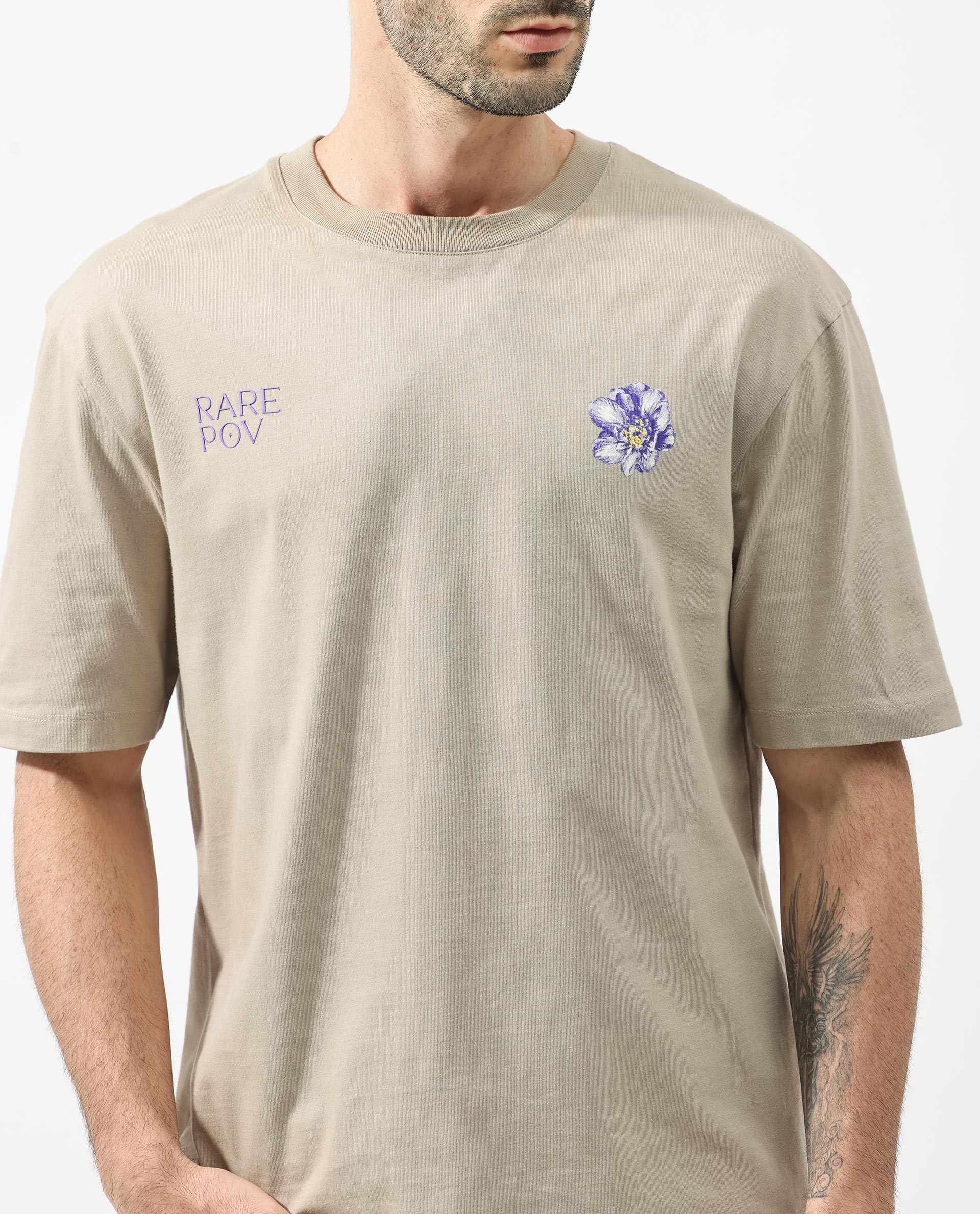 Rare Rabbit Articale Men's Pov Dusky Beige Cotton Polyester Fabric Crew Neck Oversized Fit Graphic Print T-Shirt