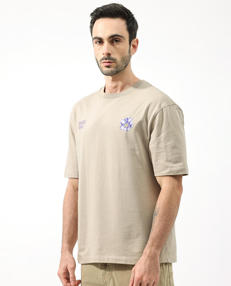 Rare Rabbit Articale Men's Pov Dusky Beige Cotton Polyester Fabric Crew Neck Oversized Fit Graphic Print T-Shirt