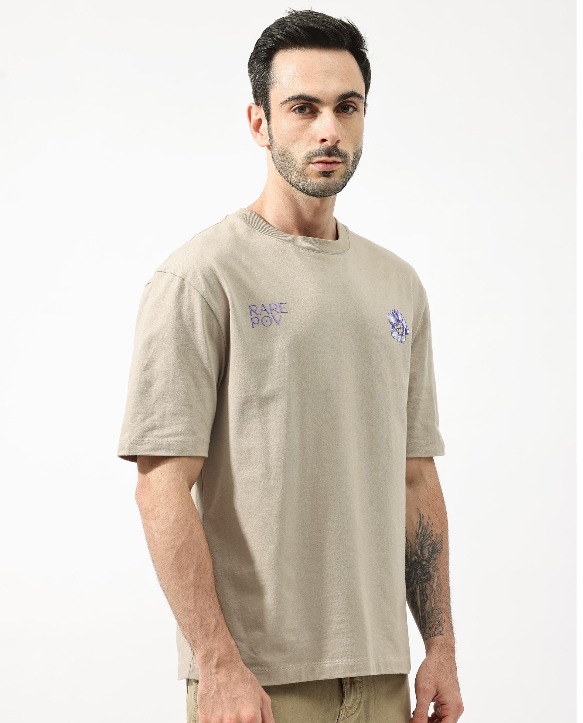 Rare Rabbit Articale Men's Pov Dusky Beige Cotton Polyester Fabric Crew Neck Oversized Fit Graphic Print T-Shirt