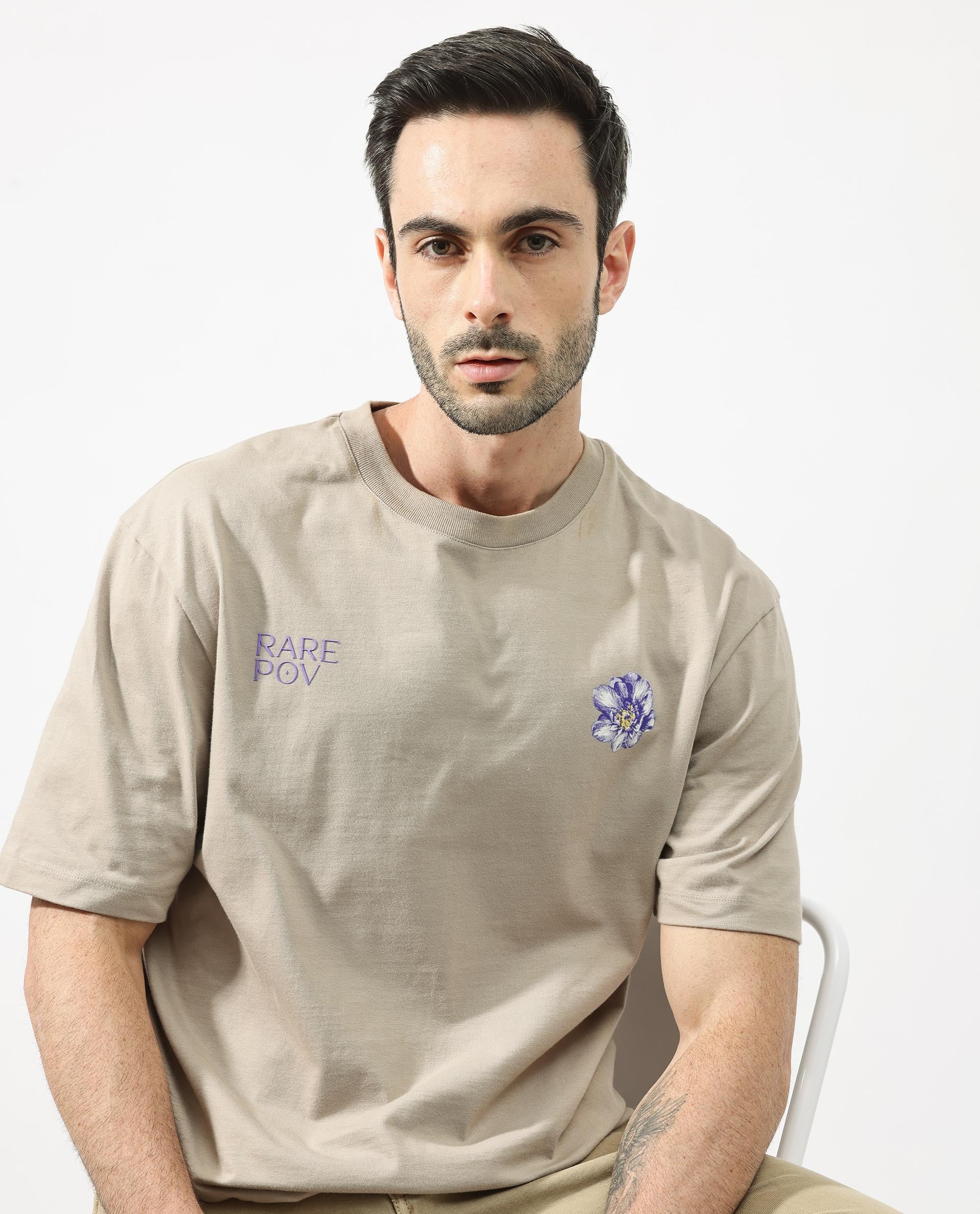 Rare Rabbit Articale Men's Pov Dusky Beige Cotton Polyester Fabric Crew Neck Oversized Fit Graphic Print T-Shirt