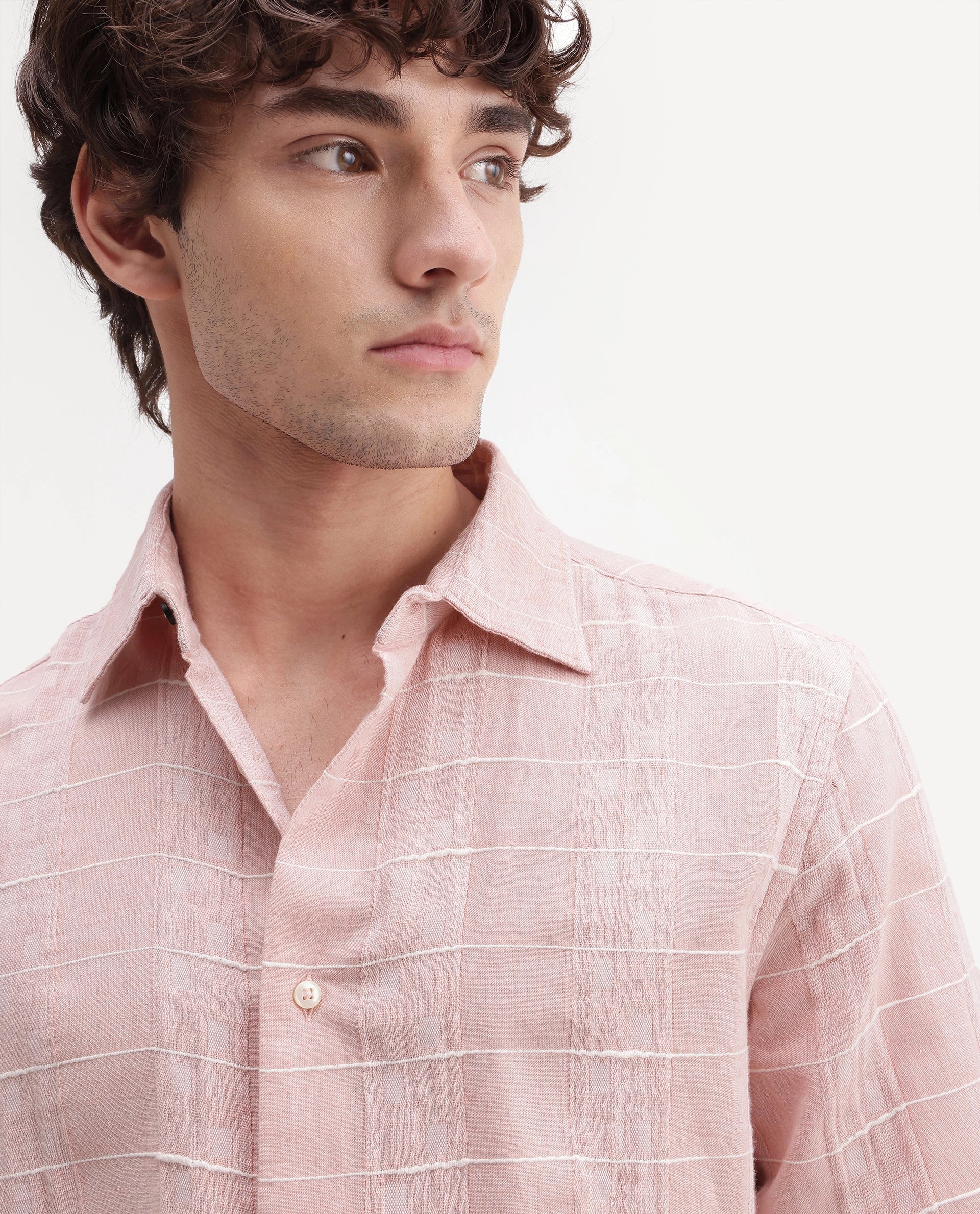 Rare Rabbit Men's Prads Light Pink Cotton Blend Fabric Full Sleeve Regular Fit Checked Shirt