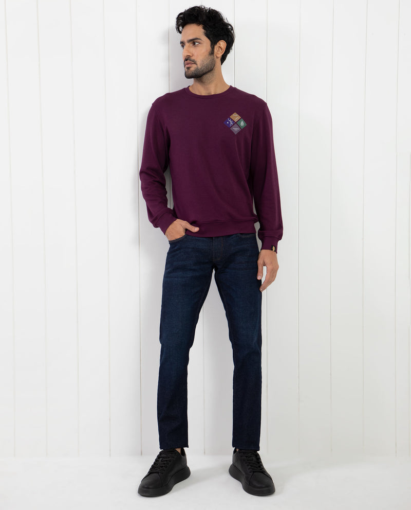 RARE RABBIT MENS PRAISE MAROON SWEATSHIRT COTTON POLYESTER TERRY FABRIC ROUND NECK KNITTED FULL SLEEVES COMFORTABLE FIT