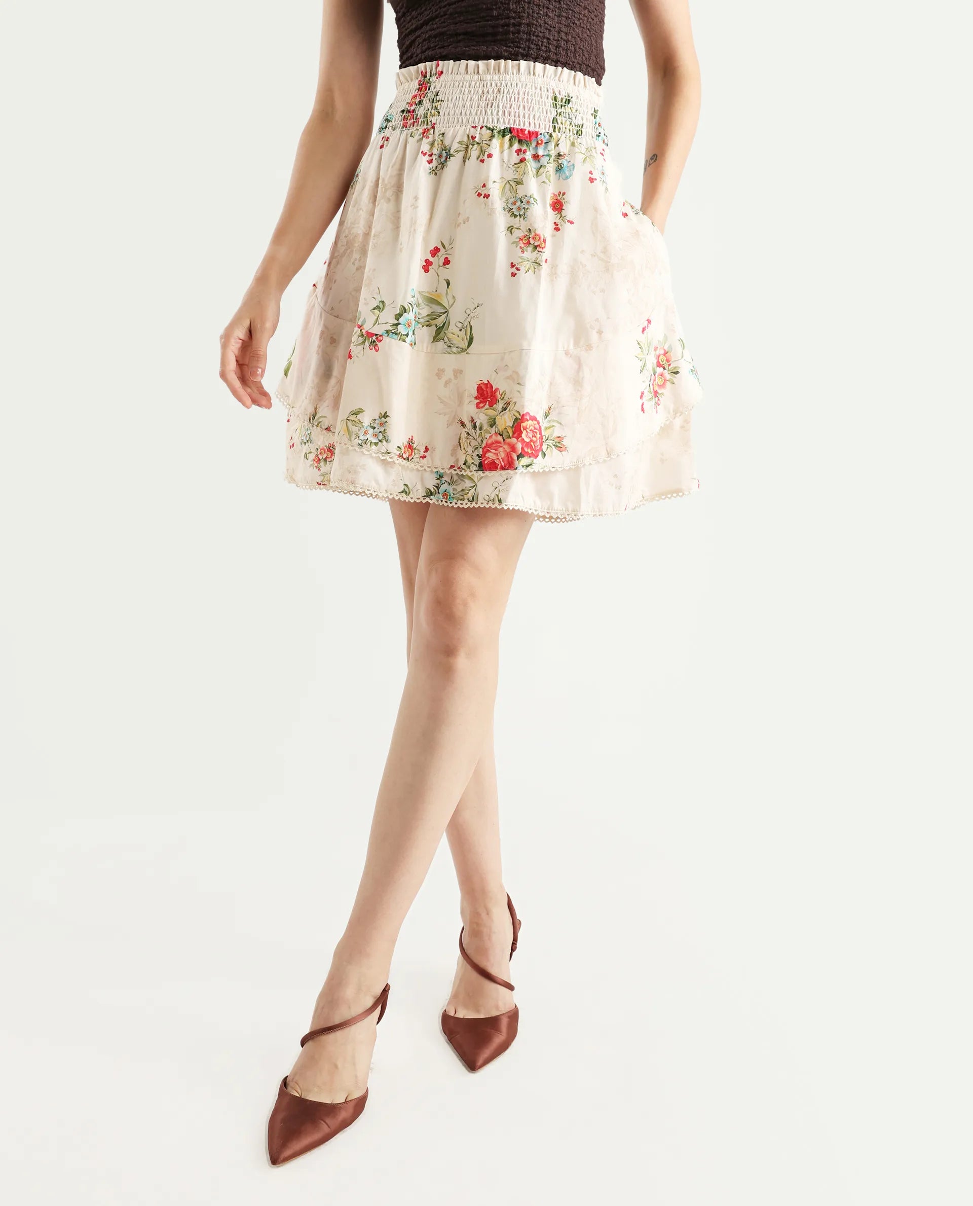 Rareism Women's Prato Multi Cotton Floral Print Mini Relaxed Fit Skirt