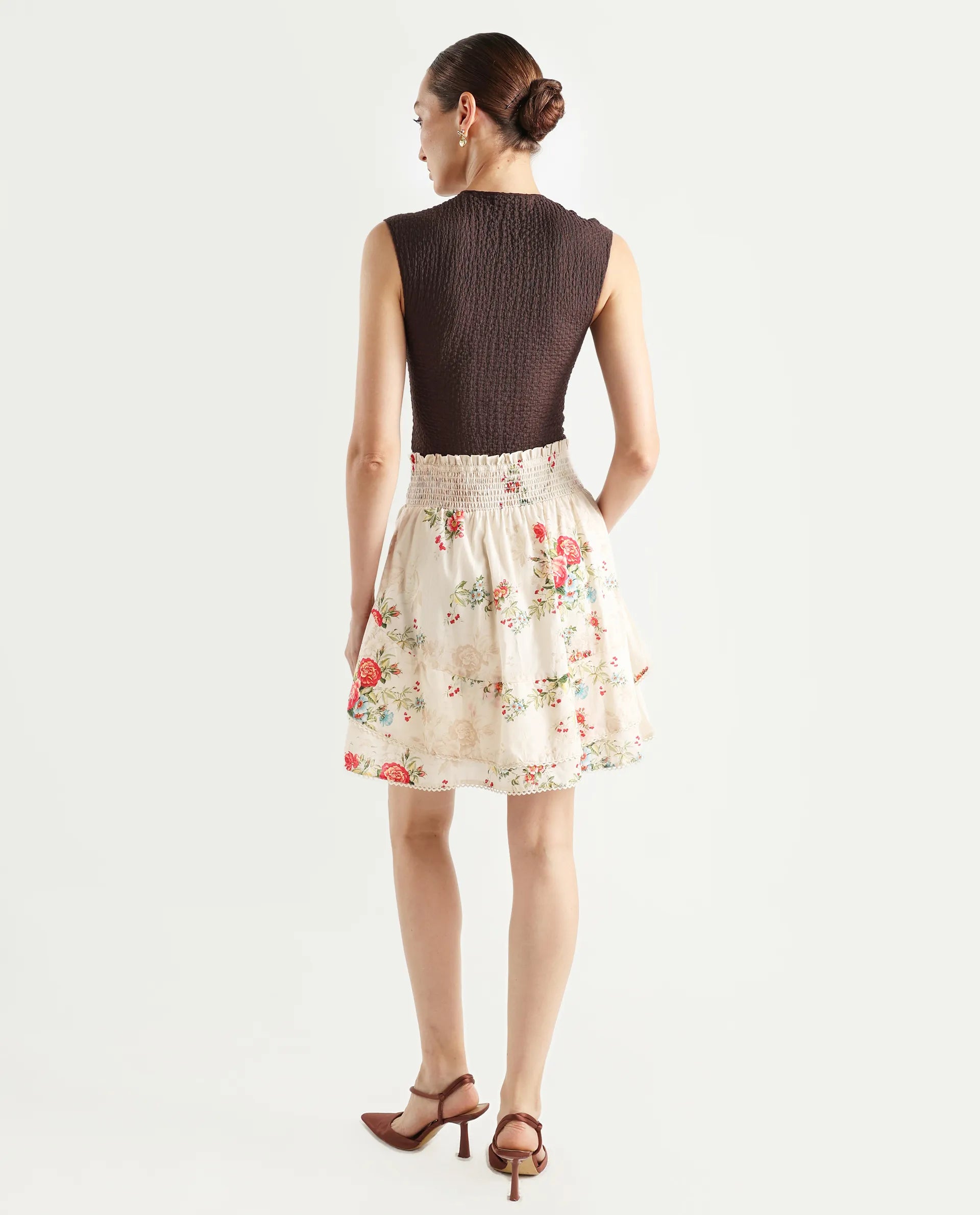 Rareism Women's Prato Multi Cotton Floral Print Mini Relaxed Fit Skirt