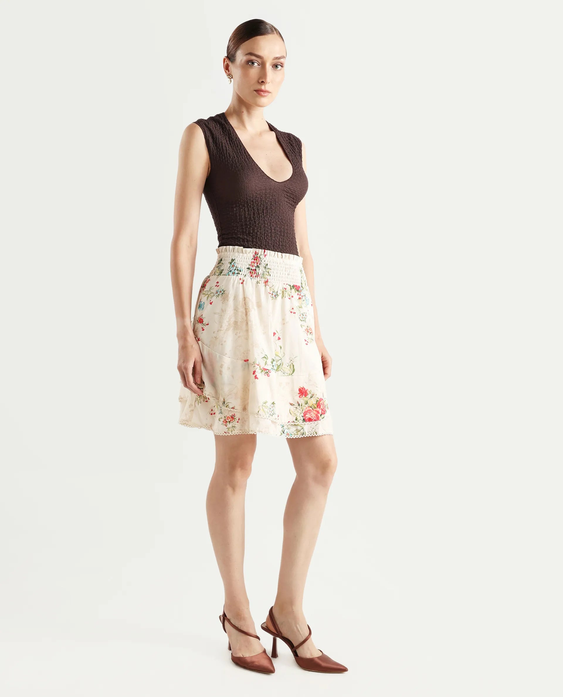 Rareism Women's Prato Multi Cotton Floral Print Mini Relaxed Fit Skirt