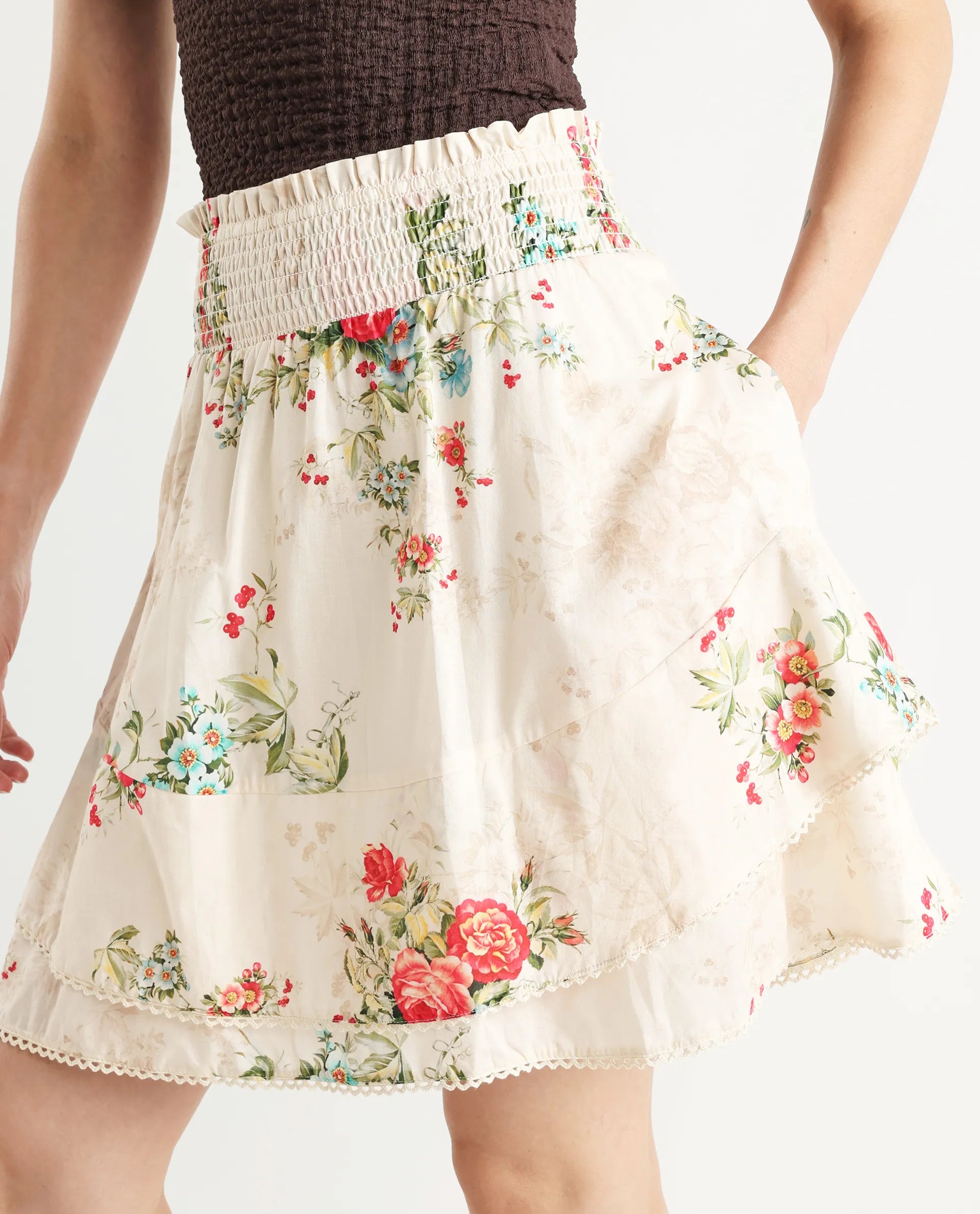 Rareism Women's Prato Multi Cotton Floral Print Mini Relaxed Fit Skirt