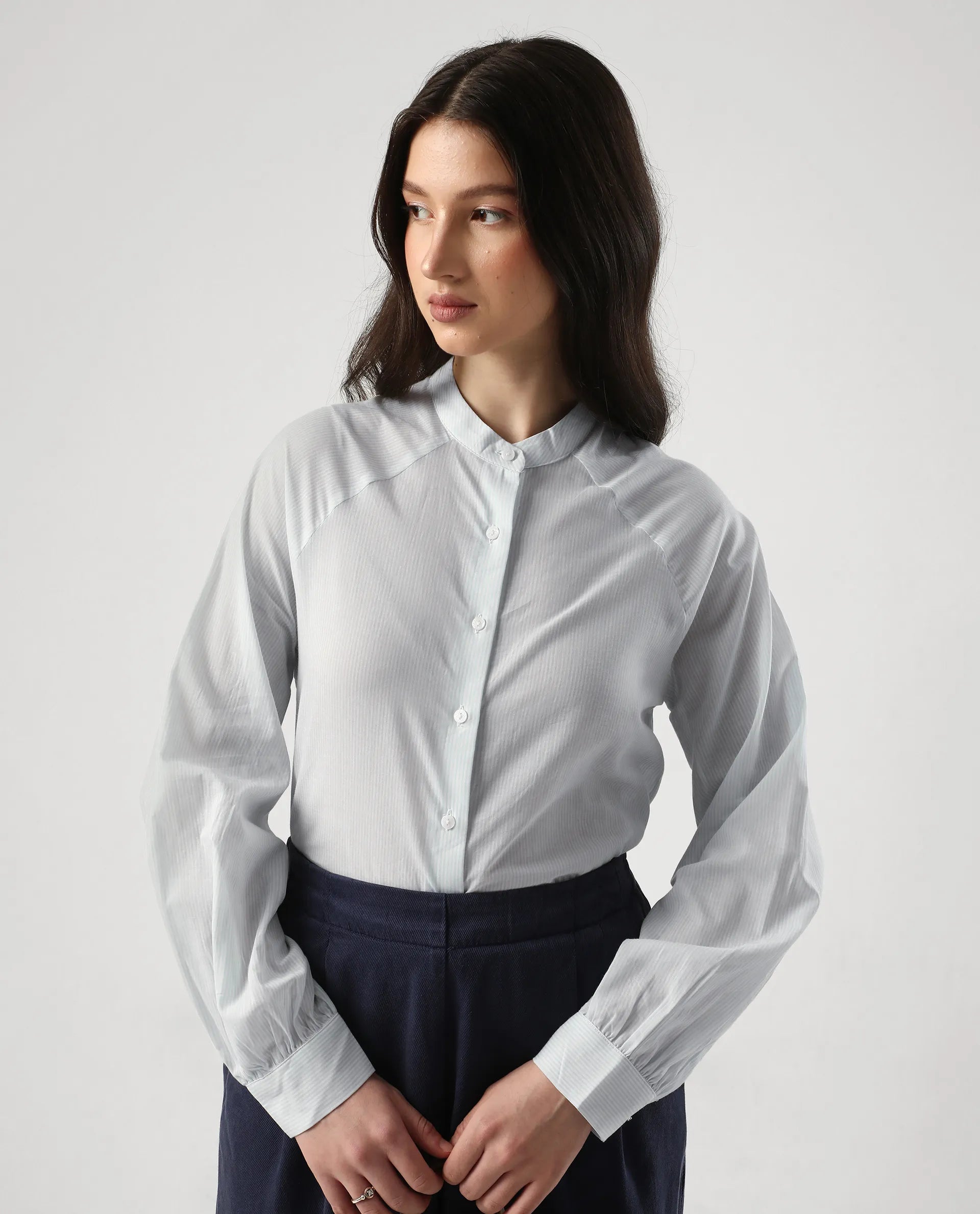 Rareism Women's Preb Blue Cotton Mandarin Collar Striped Bishop Sleeve Regular Fit Top