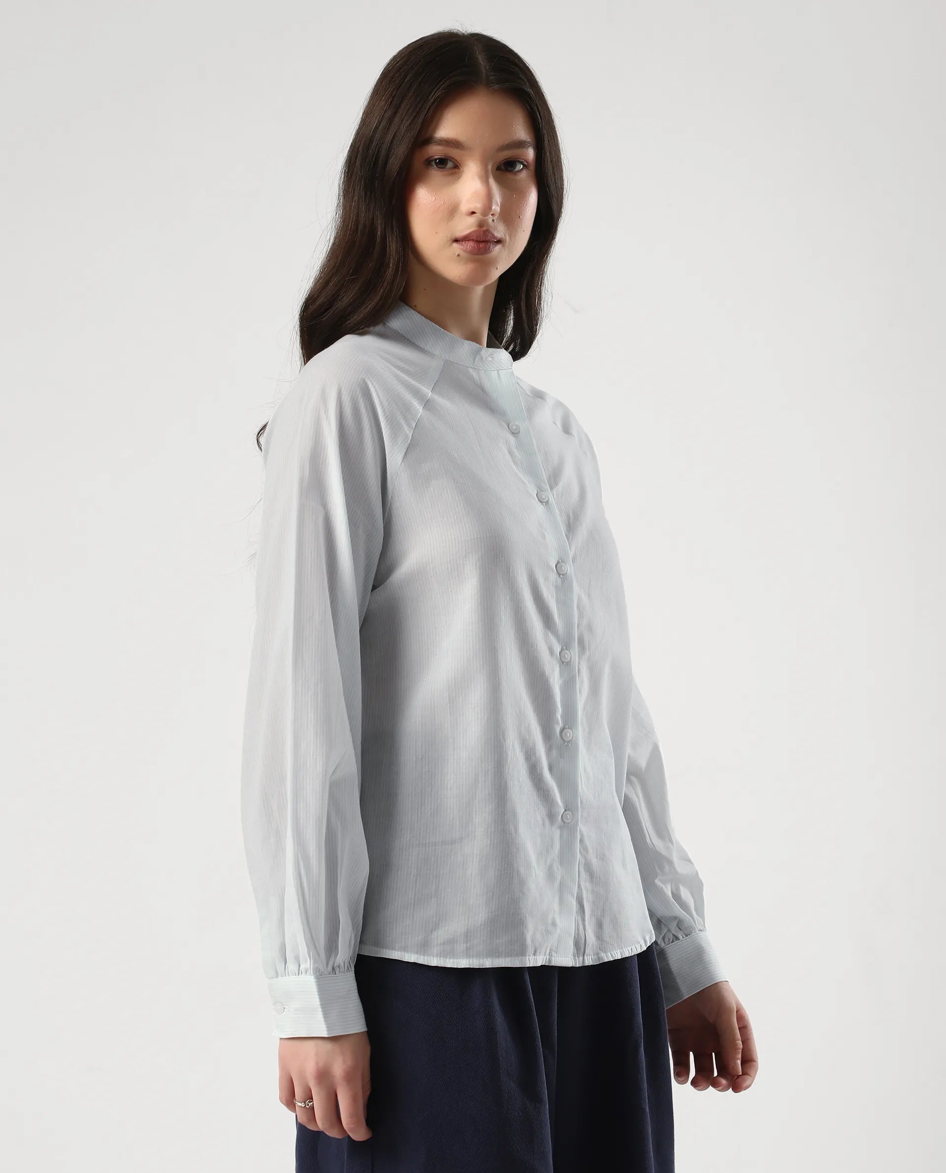 Rareism Women's Preb Blue Cotton Mandarin Collar Striped Bishop Sleeve Regular Fit Top