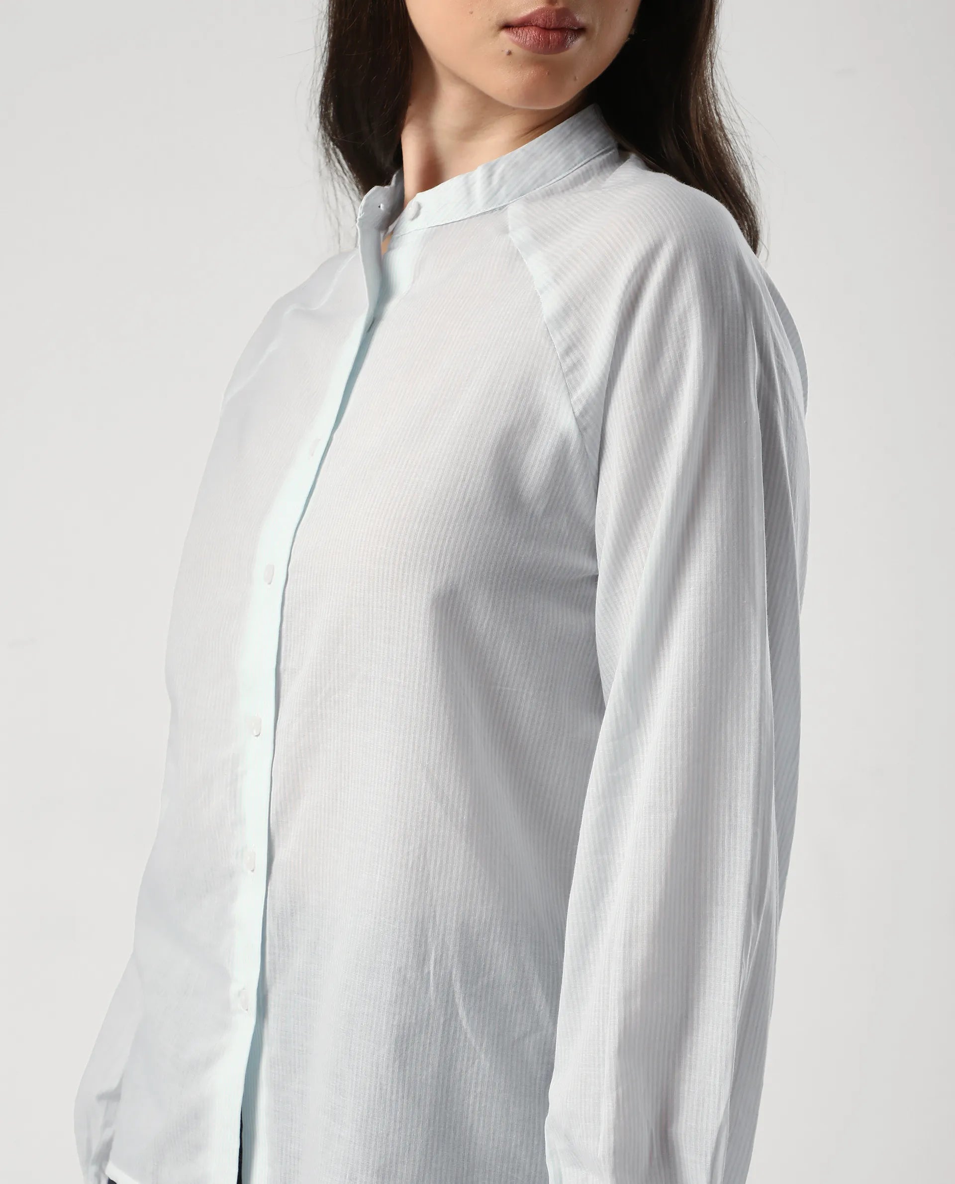 Rareism Women's Preb Blue Cotton Mandarin Collar Striped Bishop Sleeve Regular Fit Top