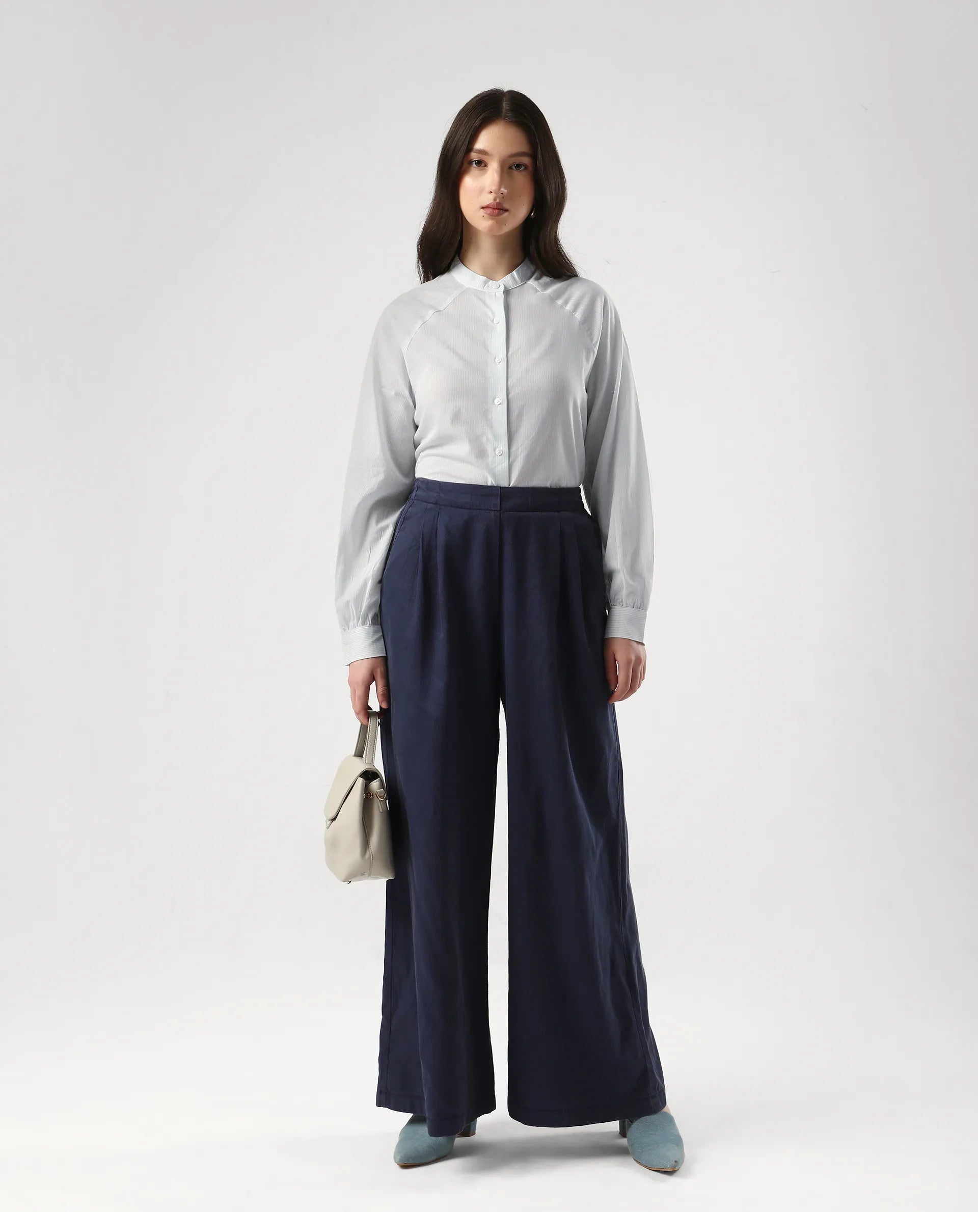 Rareism Women's Preb Blue Cotton Mandarin Collar Striped Bishop Sleeve Regular Fit Top