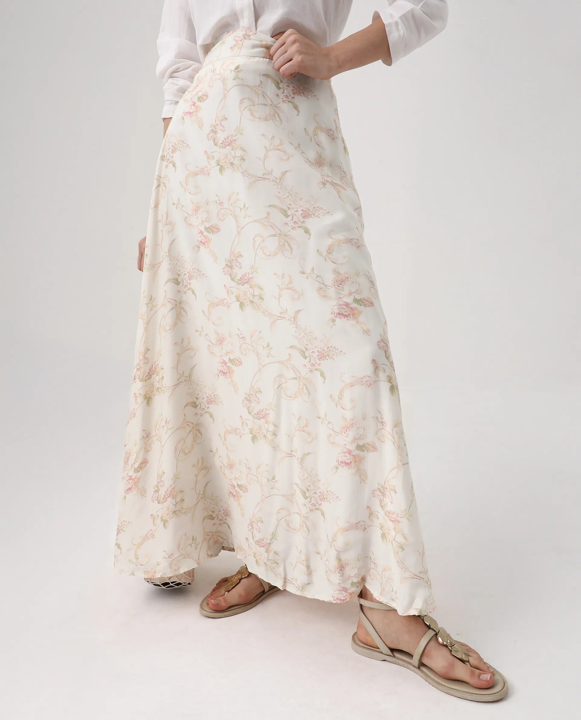 Rareism Women's Prelio Off White Viscose Blend Floral Print Maxi A-Line Skirt