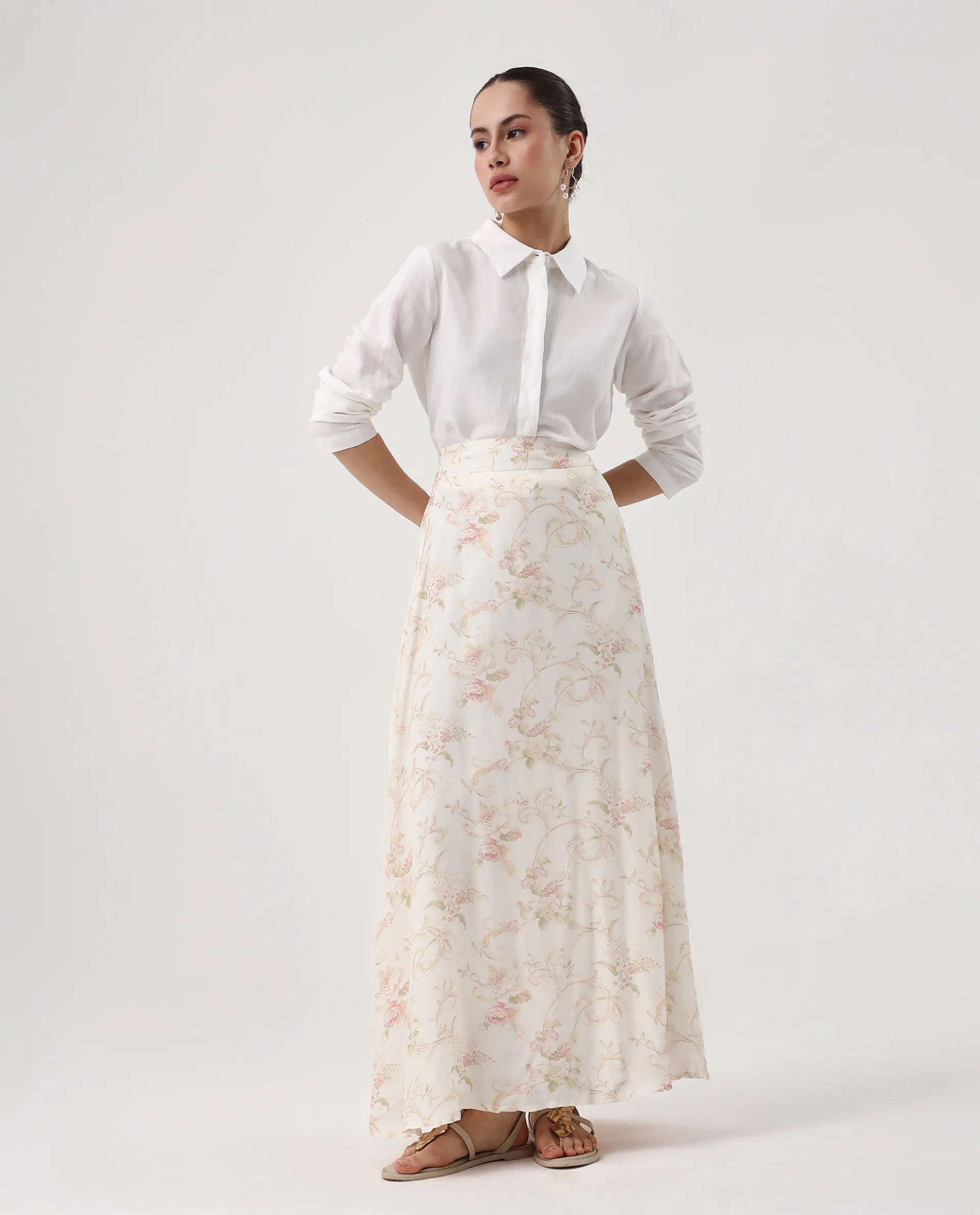 Rareism Women's Prelio Off White Viscose Blend Floral Print Maxi A-Line Skirt