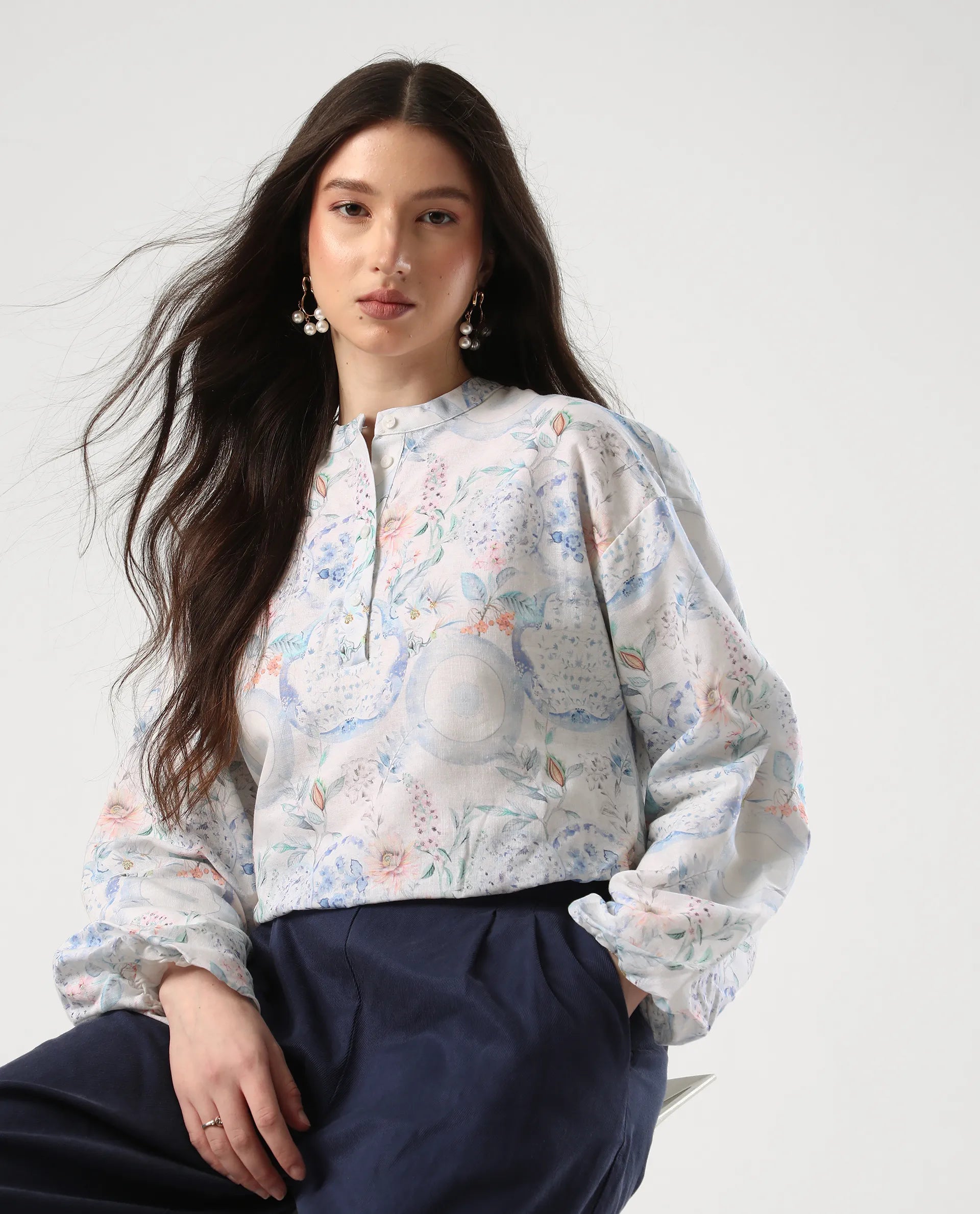 Rareism Women's Premer T Multi Cotton Blend Mandarin Collar Abstract Print Balloon Sleeve Regular Fit Top