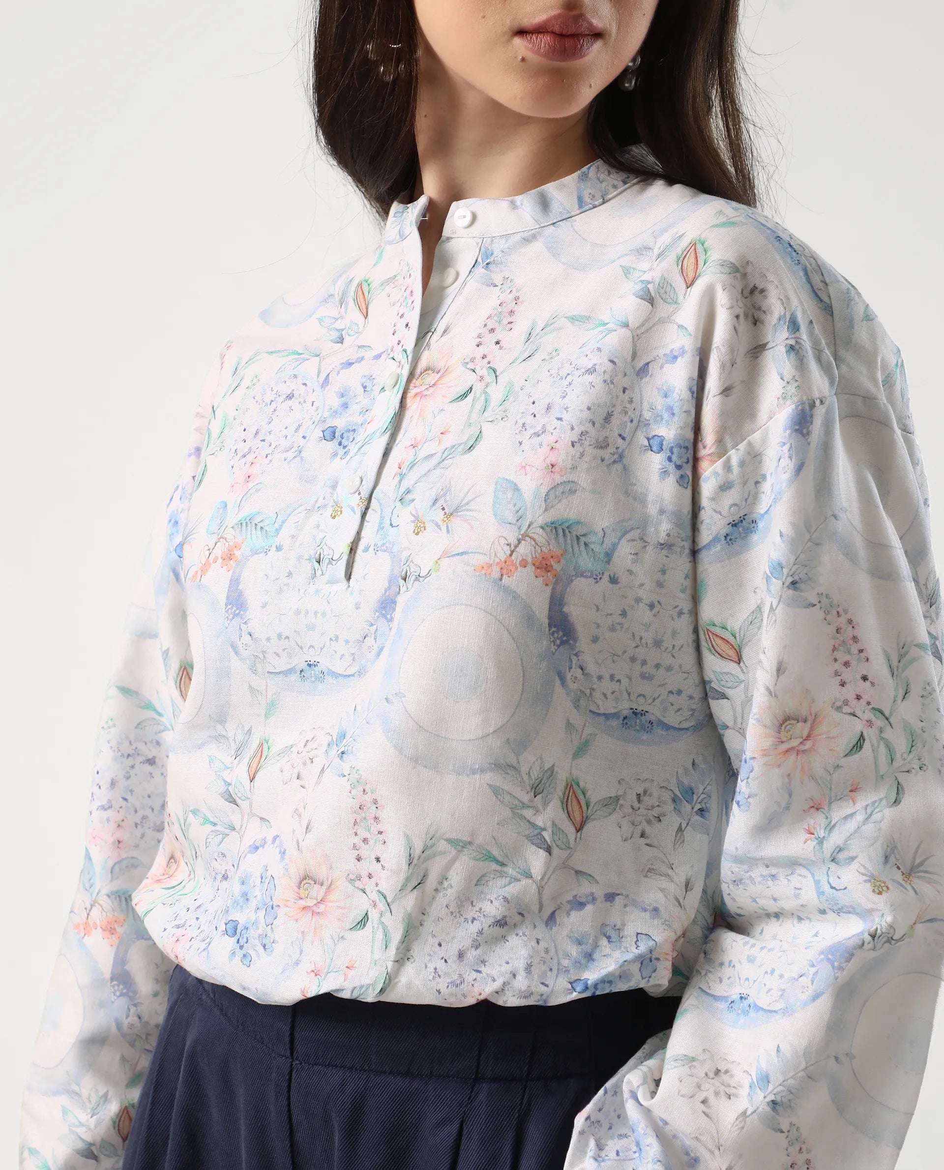 Rareism Women's Premer T Multi Cotton Blend Mandarin Collar Abstract Print Balloon Sleeve Regular Fit Top