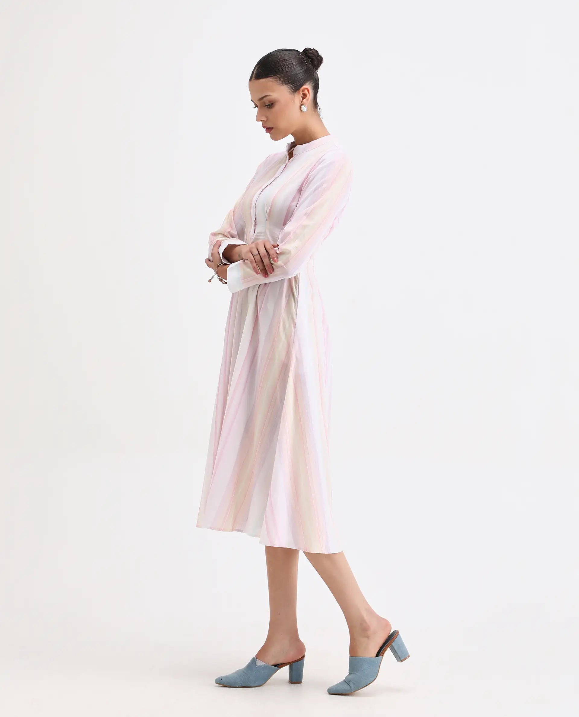 Rareism Women's Premty Multi Cotton Mandarin Collar Striped Cuffed Sleeve Maxi Flared Dress