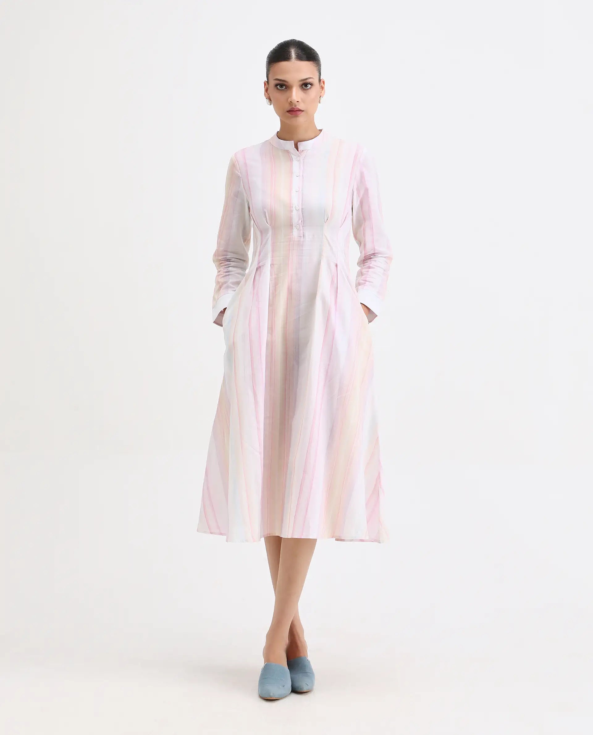 Rareism Women's Premty Multi Cotton Mandarin Collar Striped Cuffed Sleeve Maxi Flared Dress