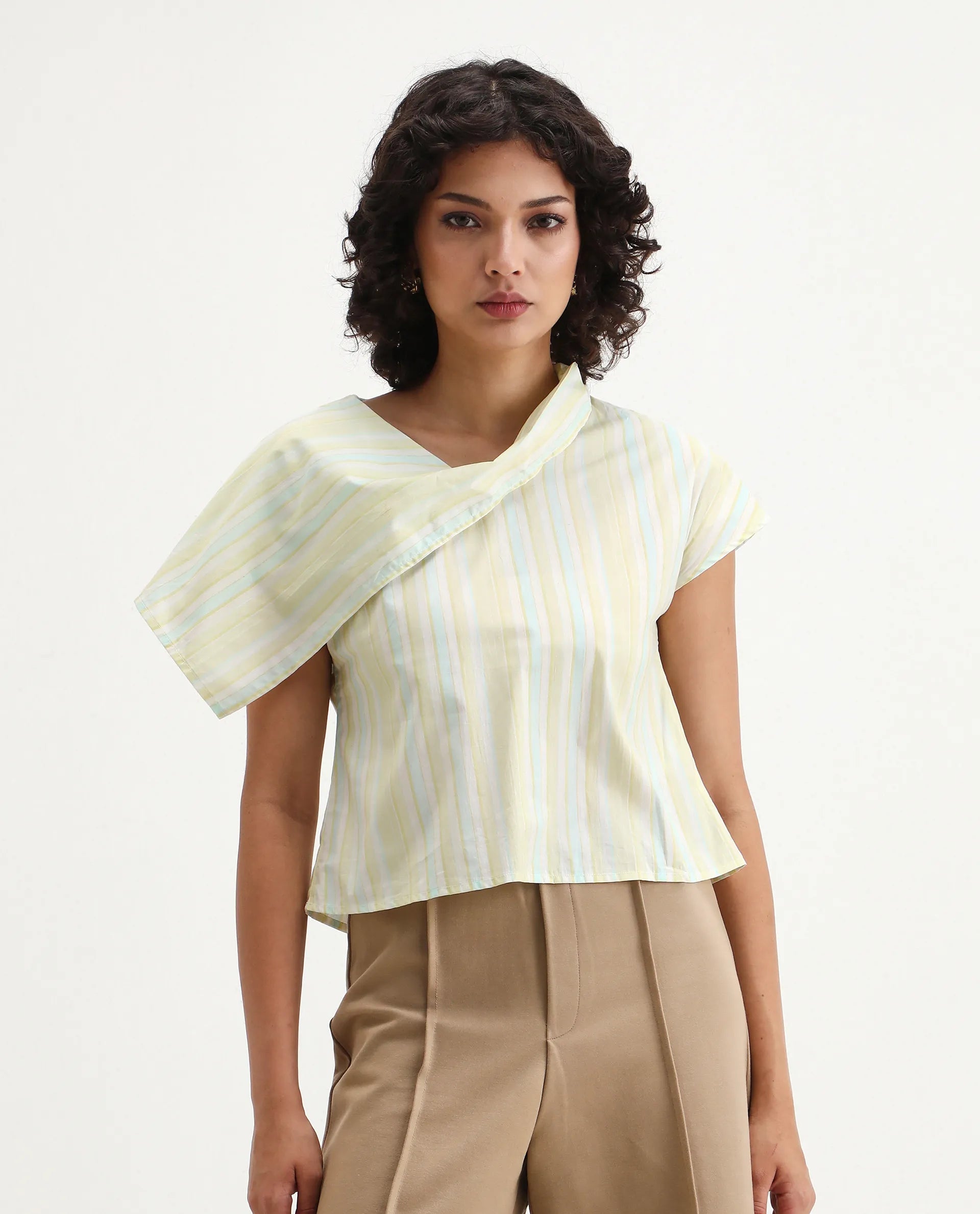 Rareism Women's Prerty Multi Cotton Asymmetric Neck Striped Extended Sleeves Crop Regular Fit Top