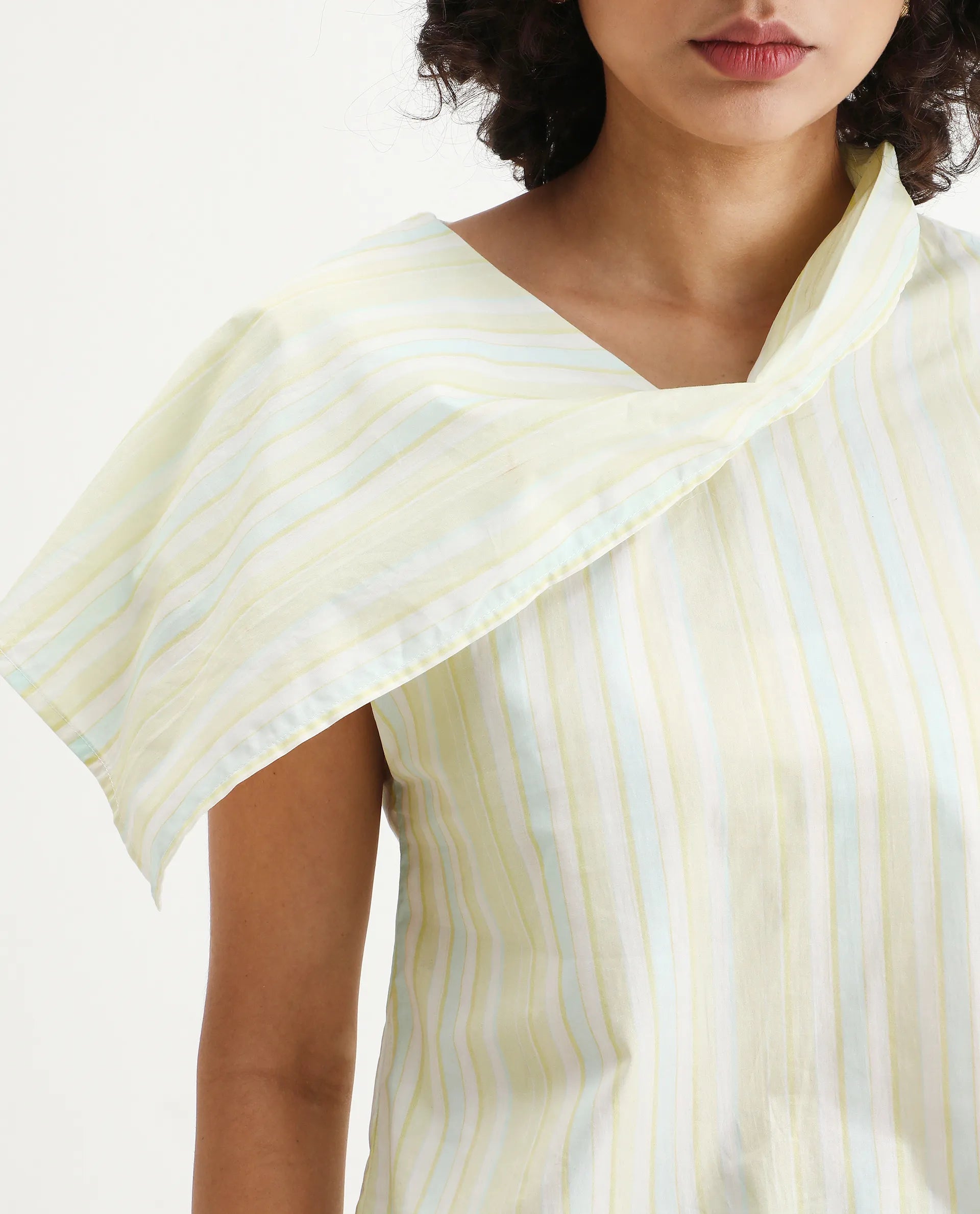 Rareism Women's Prerty Multi Cotton Asymmetric Neck Striped Extended Sleeves Crop Regular Fit Top