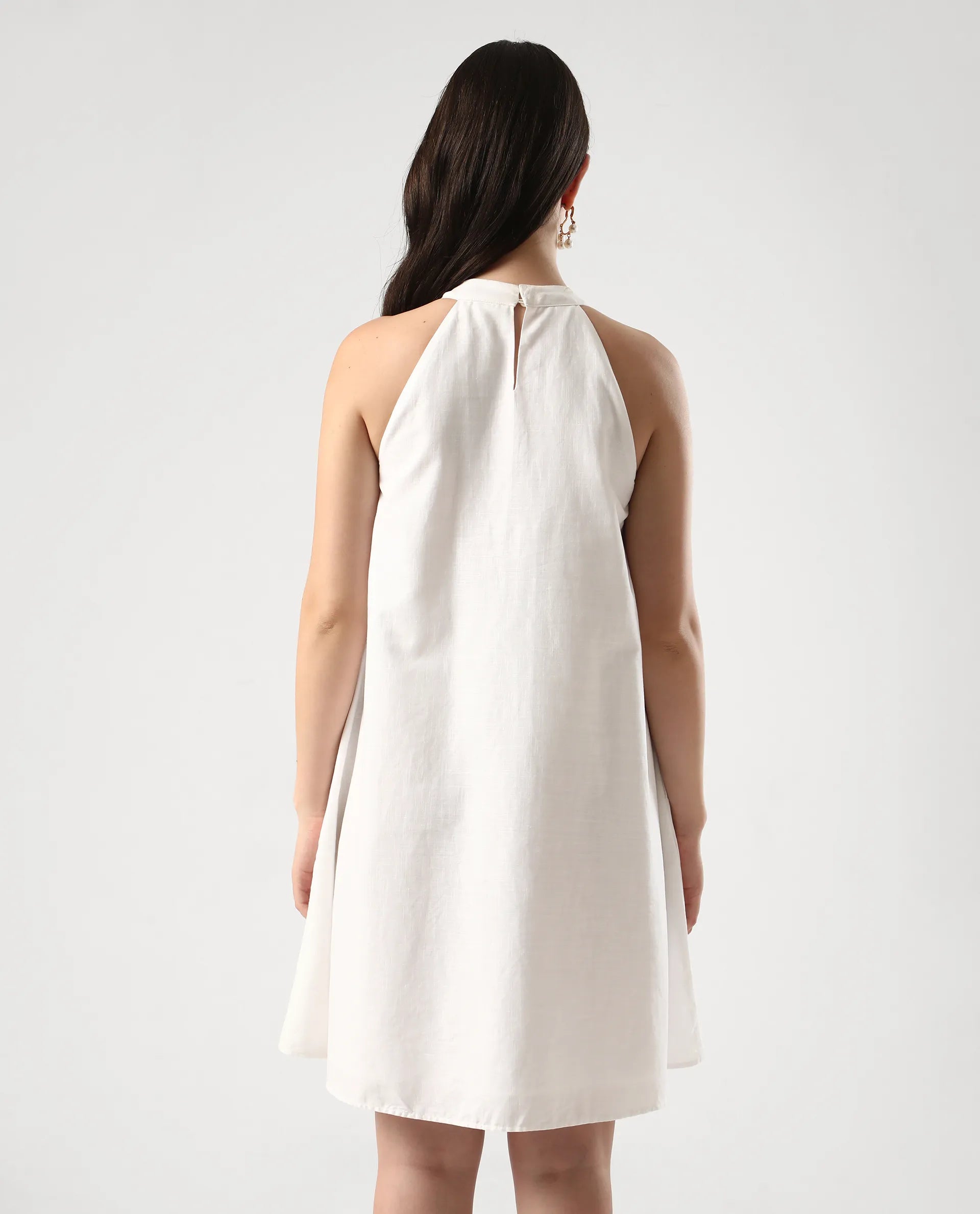 Rareism Women's Pret White Cotton Halter Neck Floral Print Sleeveless Mini Flared Dress