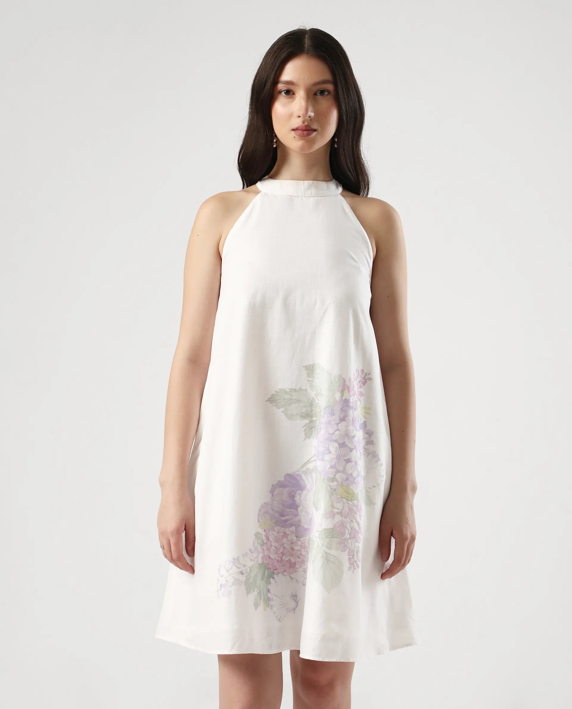 Rareism Women's Pret White Cotton Halter Neck Floral Print Sleeveless Mini Flared Dress