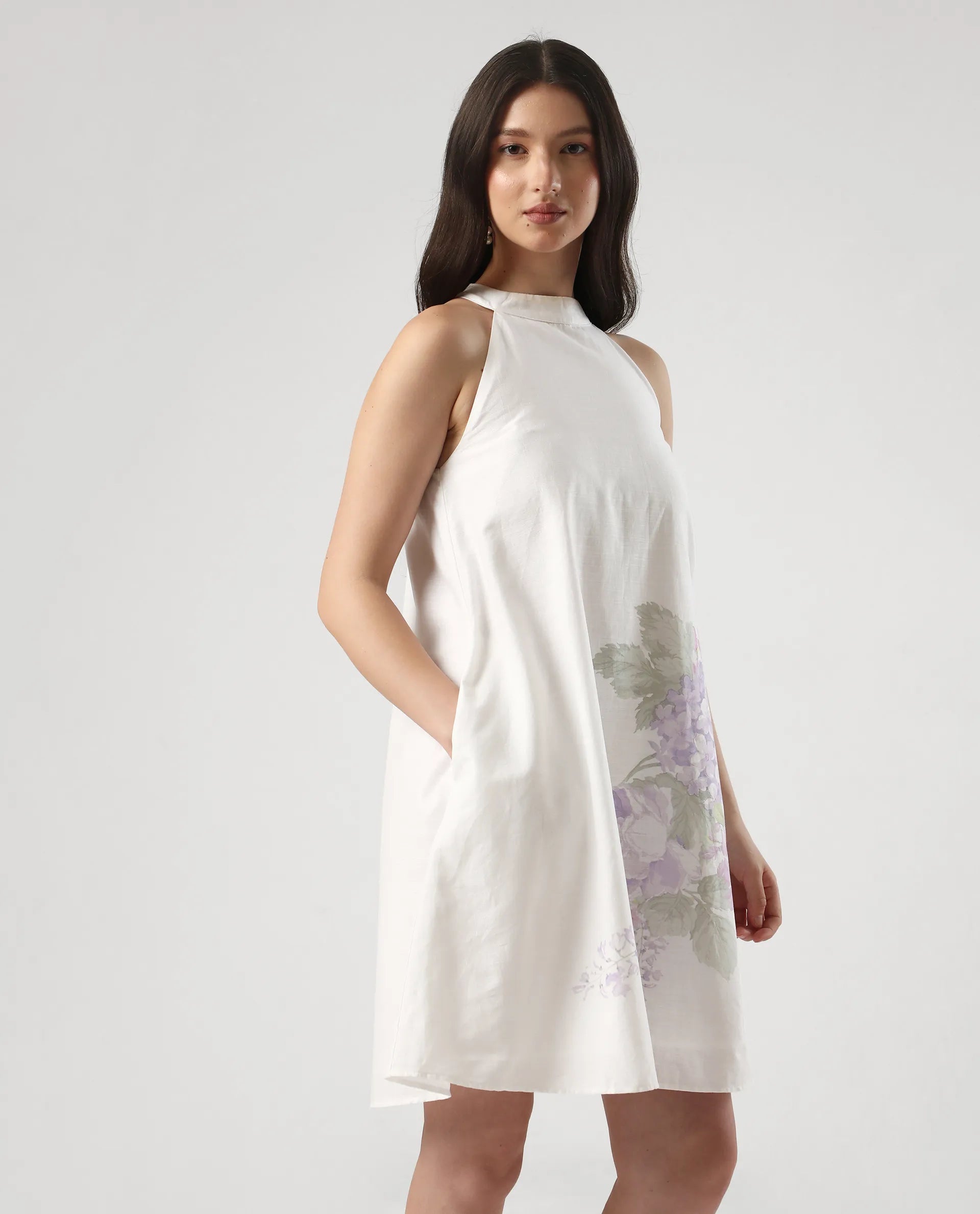 Rareism Women's Pret White Cotton Halter Neck Floral Print Sleeveless Mini Flared Dress