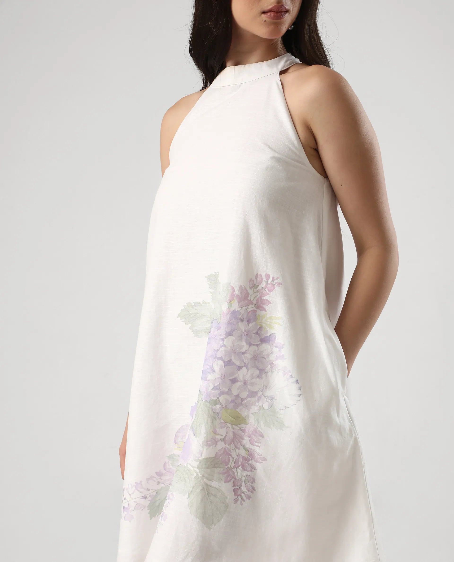 Rareism Women's Pret White Cotton Halter Neck Floral Print Sleeveless Mini Flared Dress