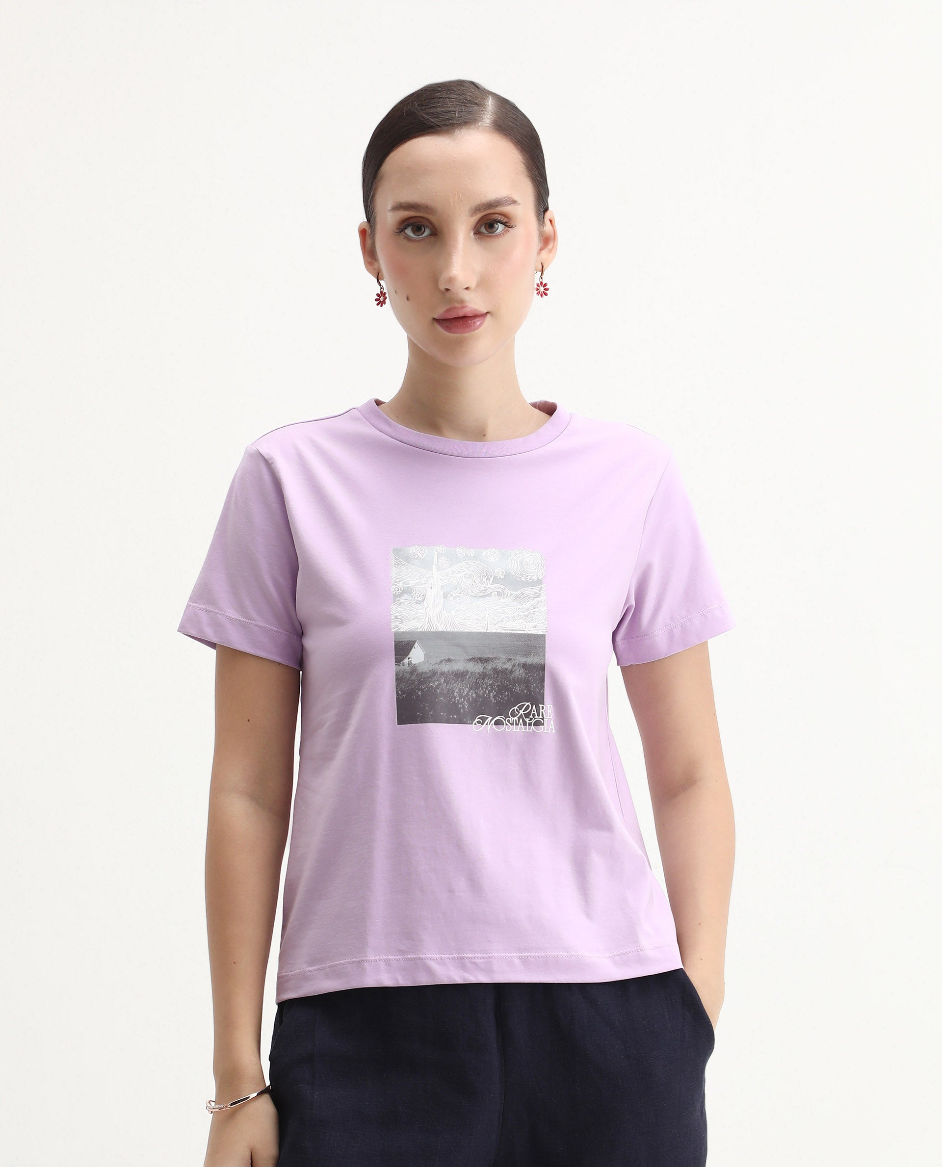 Rareism Women's Prife Light Purple Polyester Blend Crew Neck Graphic Print Regular Fit T-Shirt