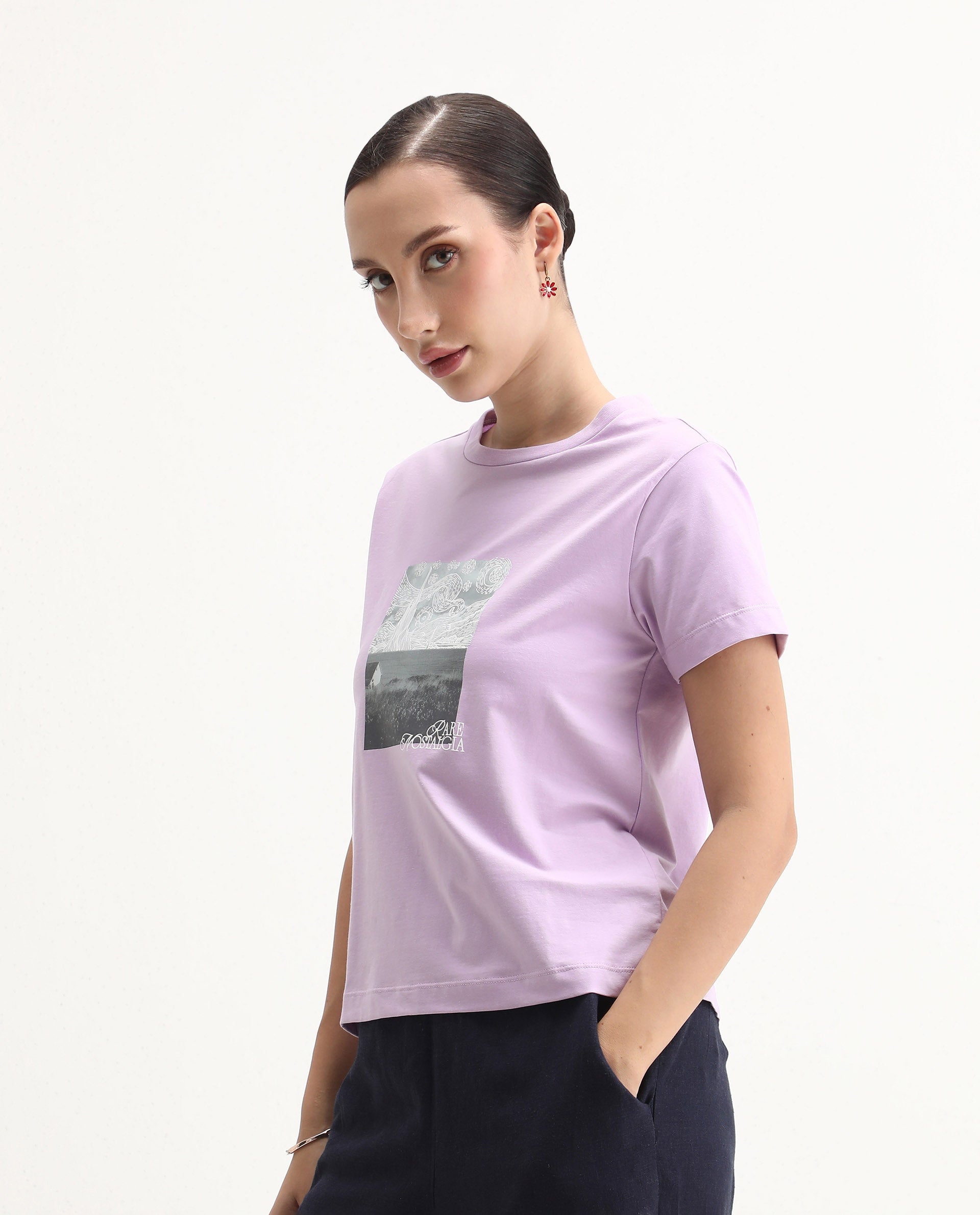 Rareism Women's Prife Light Purple Polyester Blend Crew Neck Graphic Print Regular Fit T-Shirt