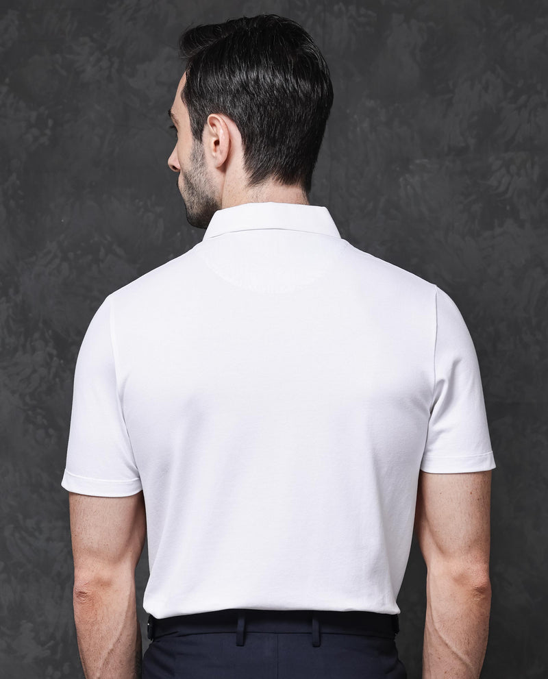 Rare Rabbit Mens Prin-1 White Cotton Fabric Collared Neck Zipper Closure Half Sleeves Polo T-Shirt