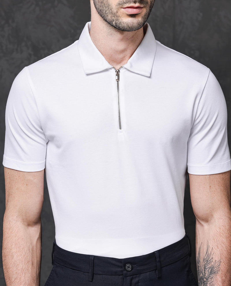 Rare Rabbit Mens Prin-1 White Cotton Fabric Collared Neck Zipper Closure Half Sleeves Polo T-Shirt