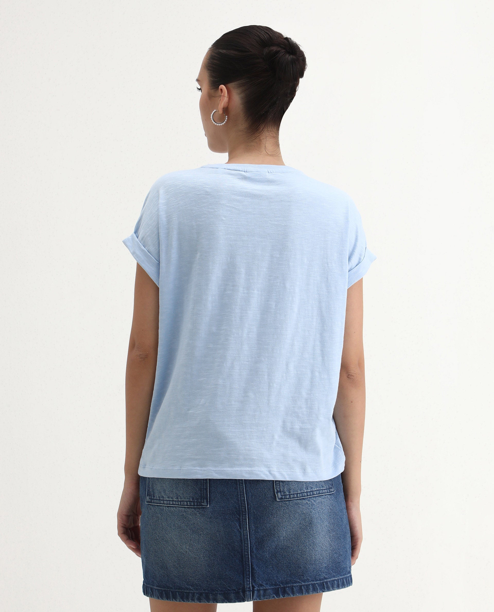 Rareism Women's Prisk Light Blue Cotton Crew Neck Plain Extended Sleeves Regular Fit T-Shirt