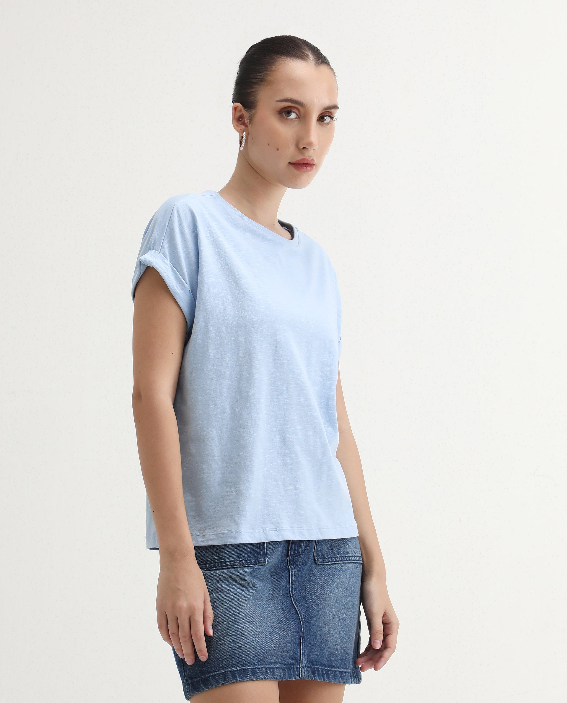 Rareism Women's Prisk Light Blue Cotton Crew Neck Plain Extended Sleeves Regular Fit T-Shirt