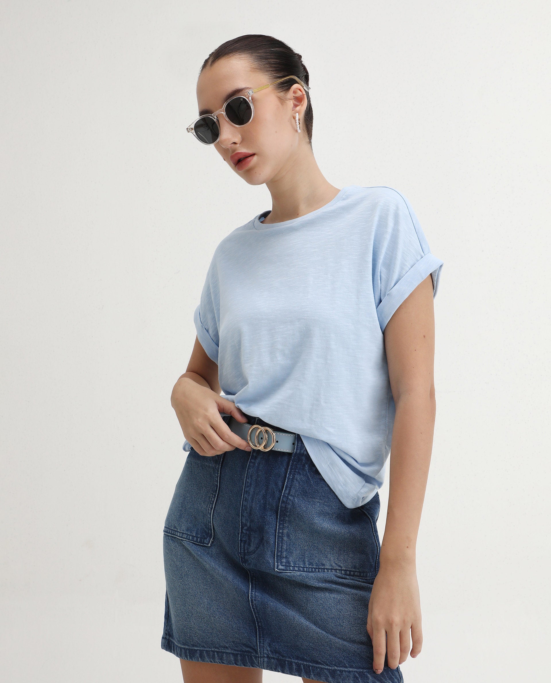 Rareism Women's Prisk Light Blue Cotton Crew Neck Plain Extended Sleeves Regular Fit T-Shirt