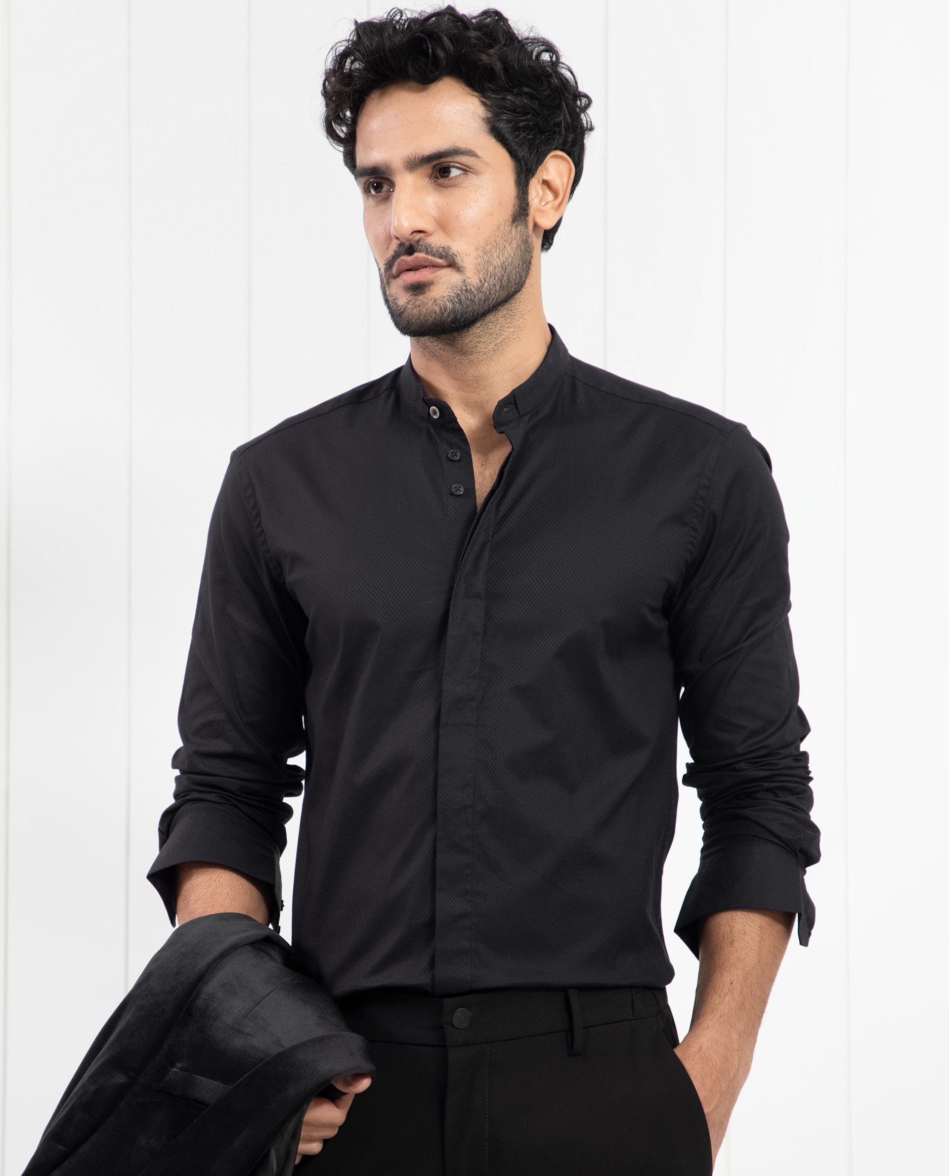 Rare Rabbit Men's Pristina Black Cotton Fabric Mandarin Collar Full Sleeves Solid Shirt