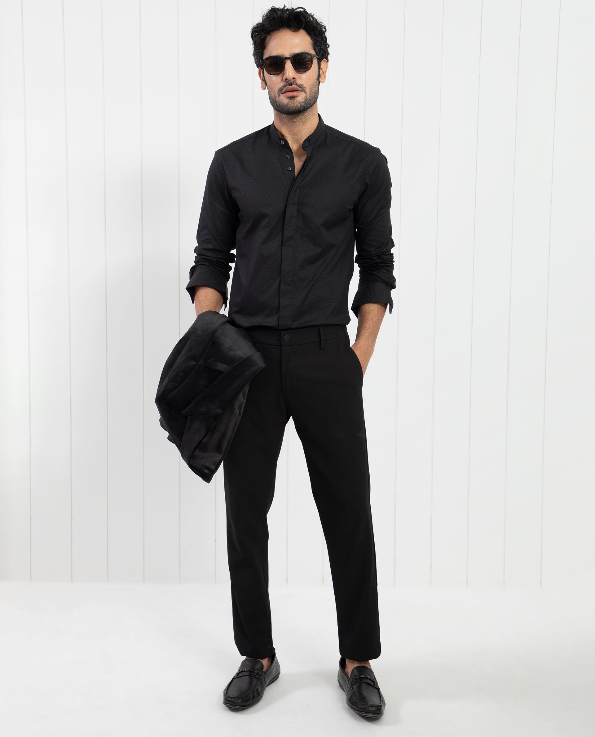 Rare Rabbit Men's Pristina Black Cotton Fabric Mandarin Collar Full Sleeves Solid Shirt