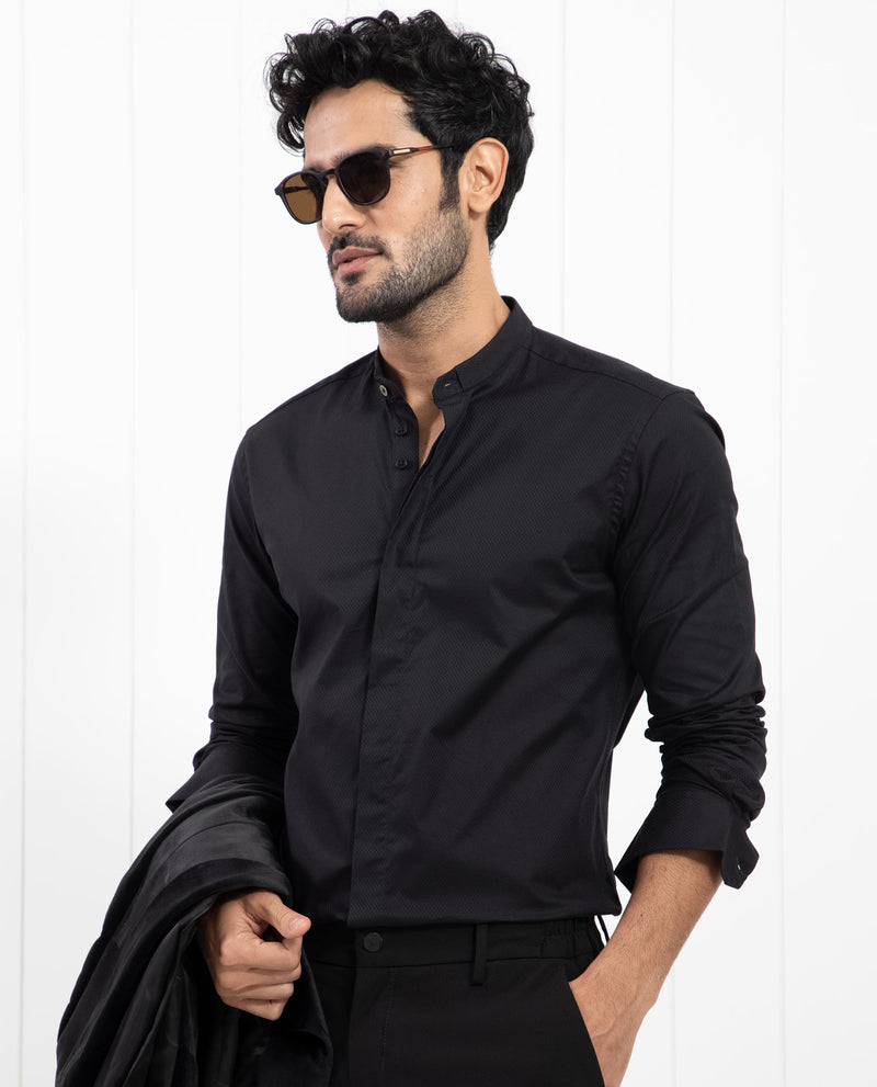 Rare Rabbit Men's Pristina Black Cotton Fabric Mandarin Collar Full Sleeves Solid Shirt