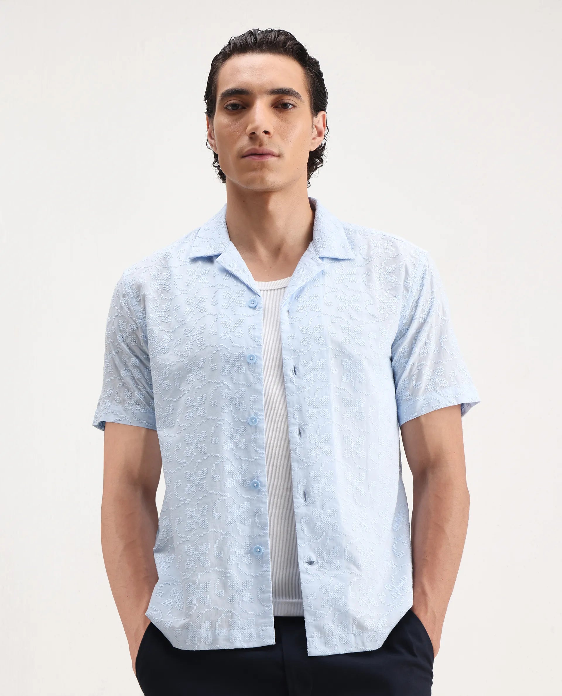 Rare Rabbit Men's Propel Pastel Blue Cotton Embroidered Boxy Fit Half Sleeve Cuban Collar Shirt