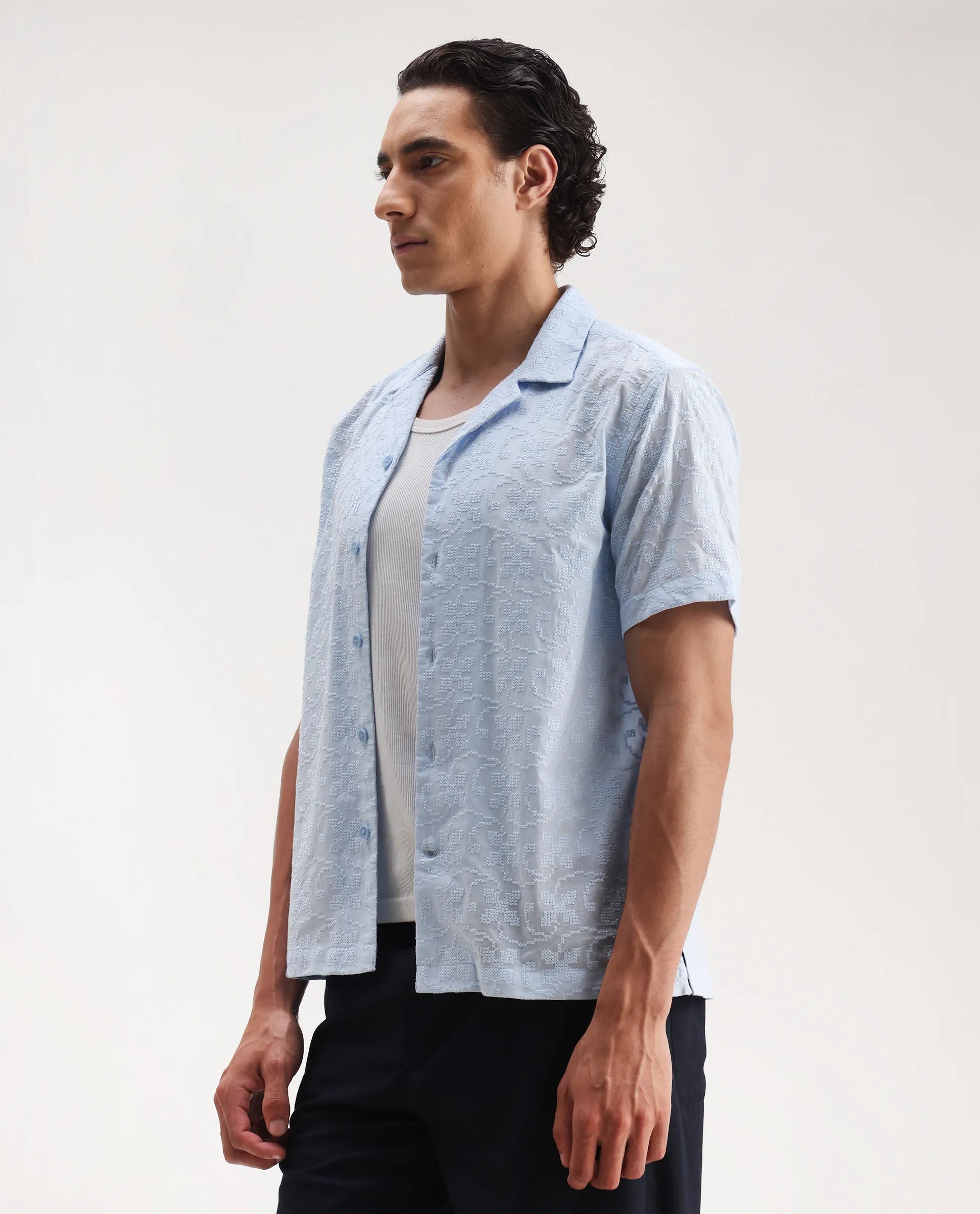 Rare Rabbit Men's Propel Pastel Blue Cotton Embroidered Boxy Fit Half Sleeve Cuban Collar Shirt