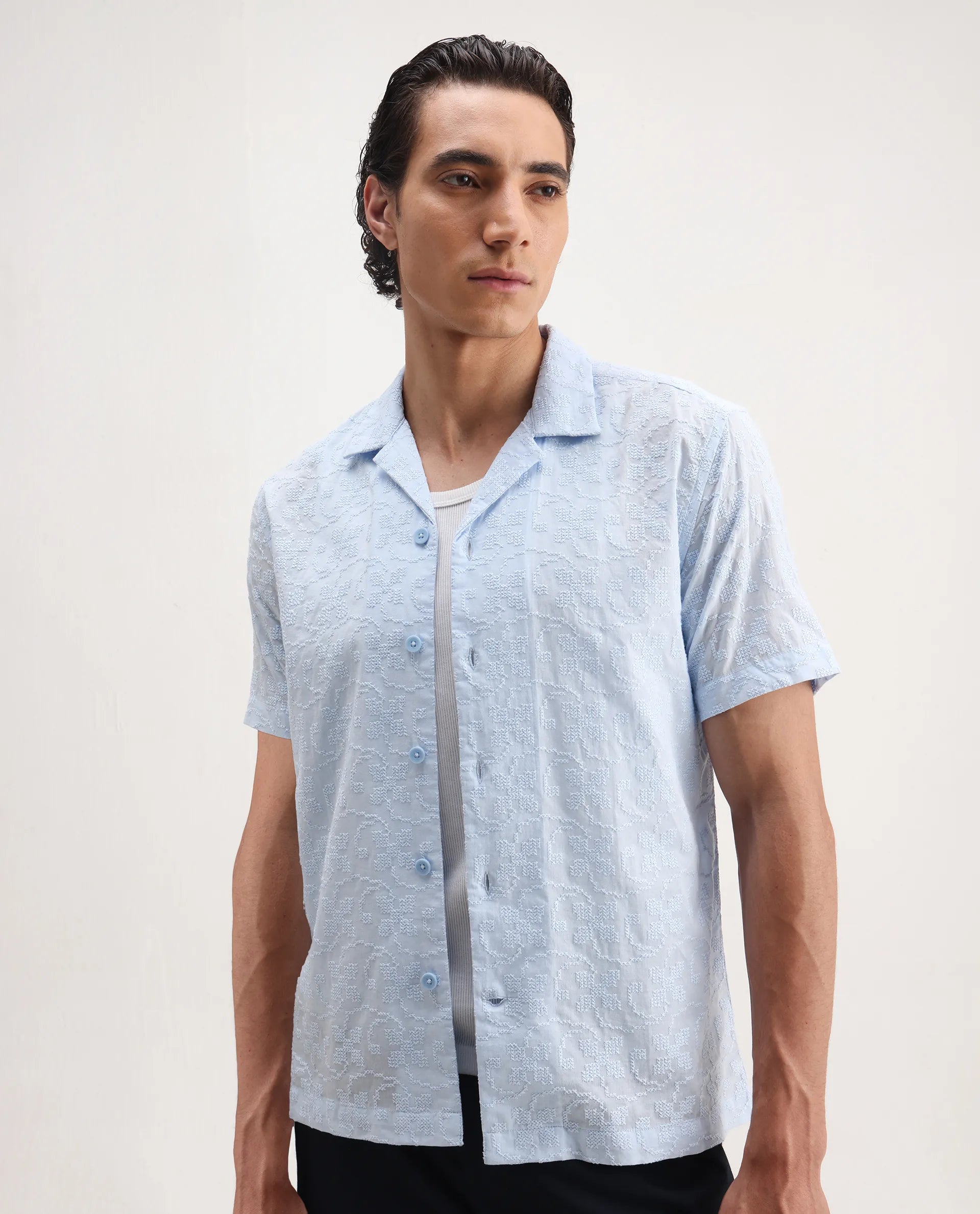 Rare Rabbit Men's Propel Pastel Blue Cotton Embroidered Boxy Fit Half Sleeve Cuban Collar Shirt