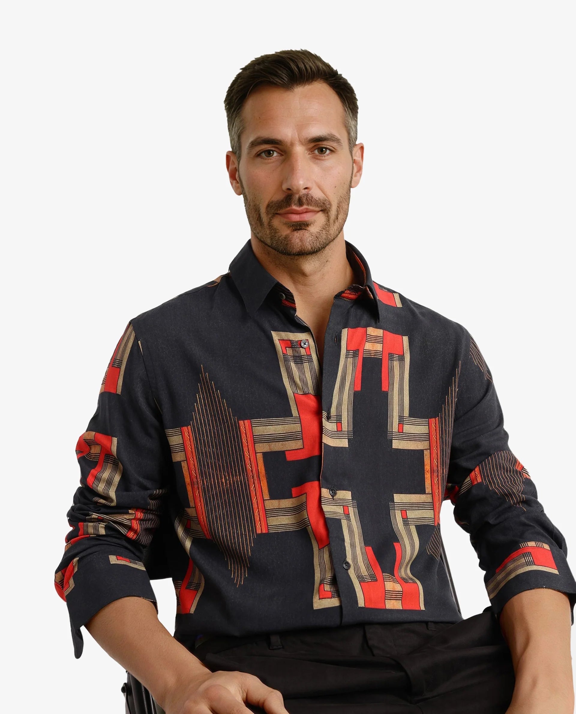 Rare Rabbit Men Propi Black Full Sleeve Regular Fit Geometric Print Shirt