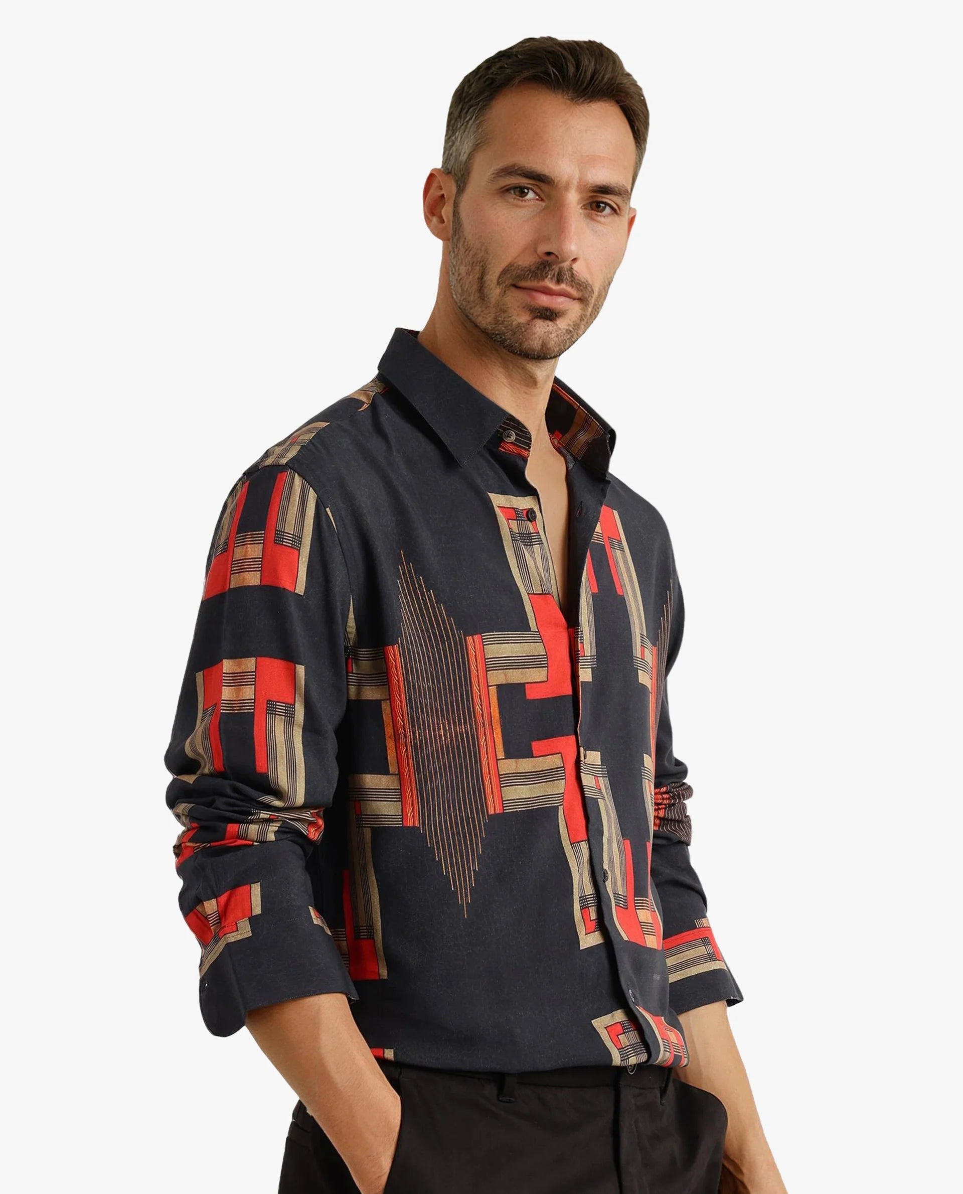 Rare Rabbit Men Propi Black Full Sleeve Regular Fit Geometric Print Shirt