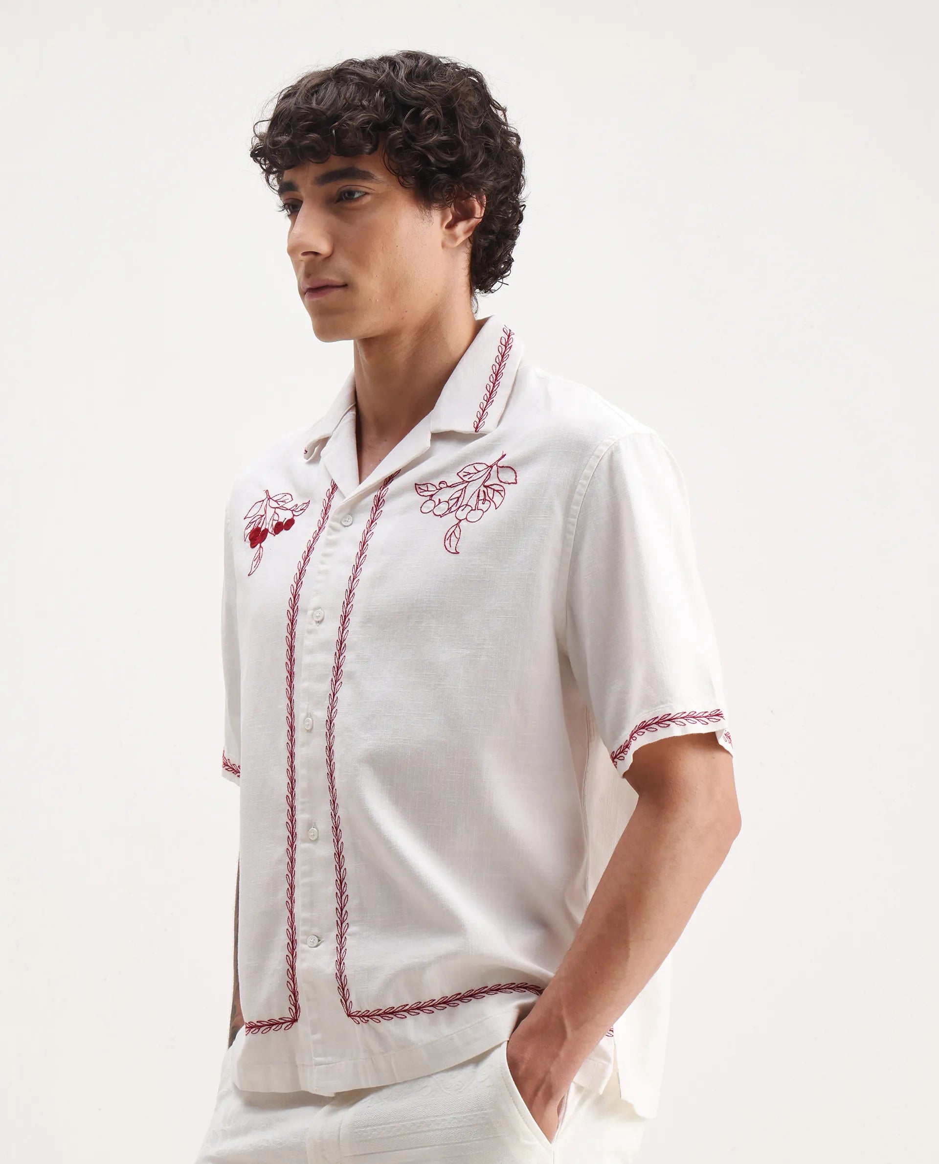 Rare Rabbit Men's Prunus Off White Cotton Embroidered Boxy Fit Half Sleeve Cuban Collar Shirt