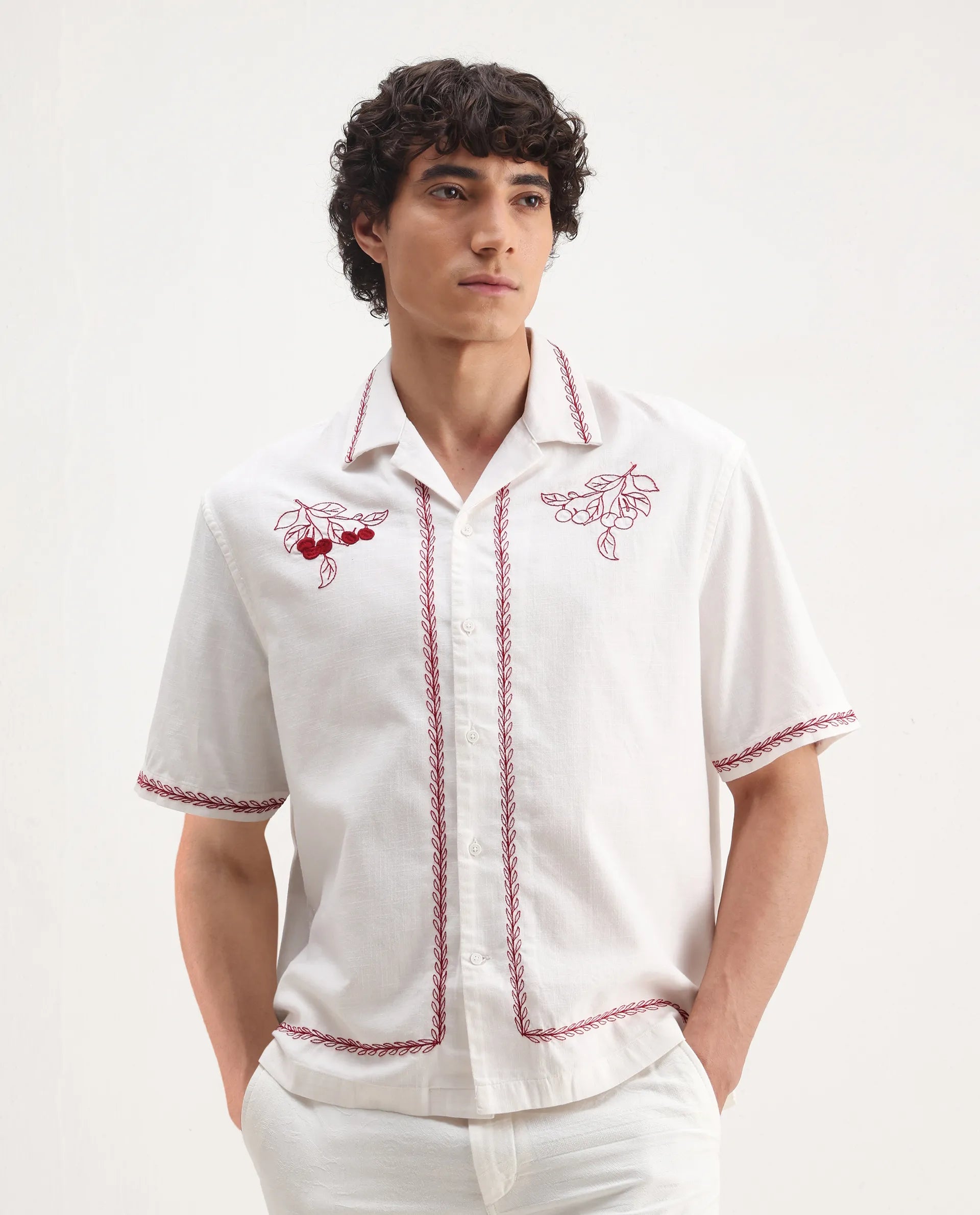 Rare Rabbit Men's Prunus Off White Cotton Embroidered Boxy Fit Half Sleeve Cuban Collar Shirt