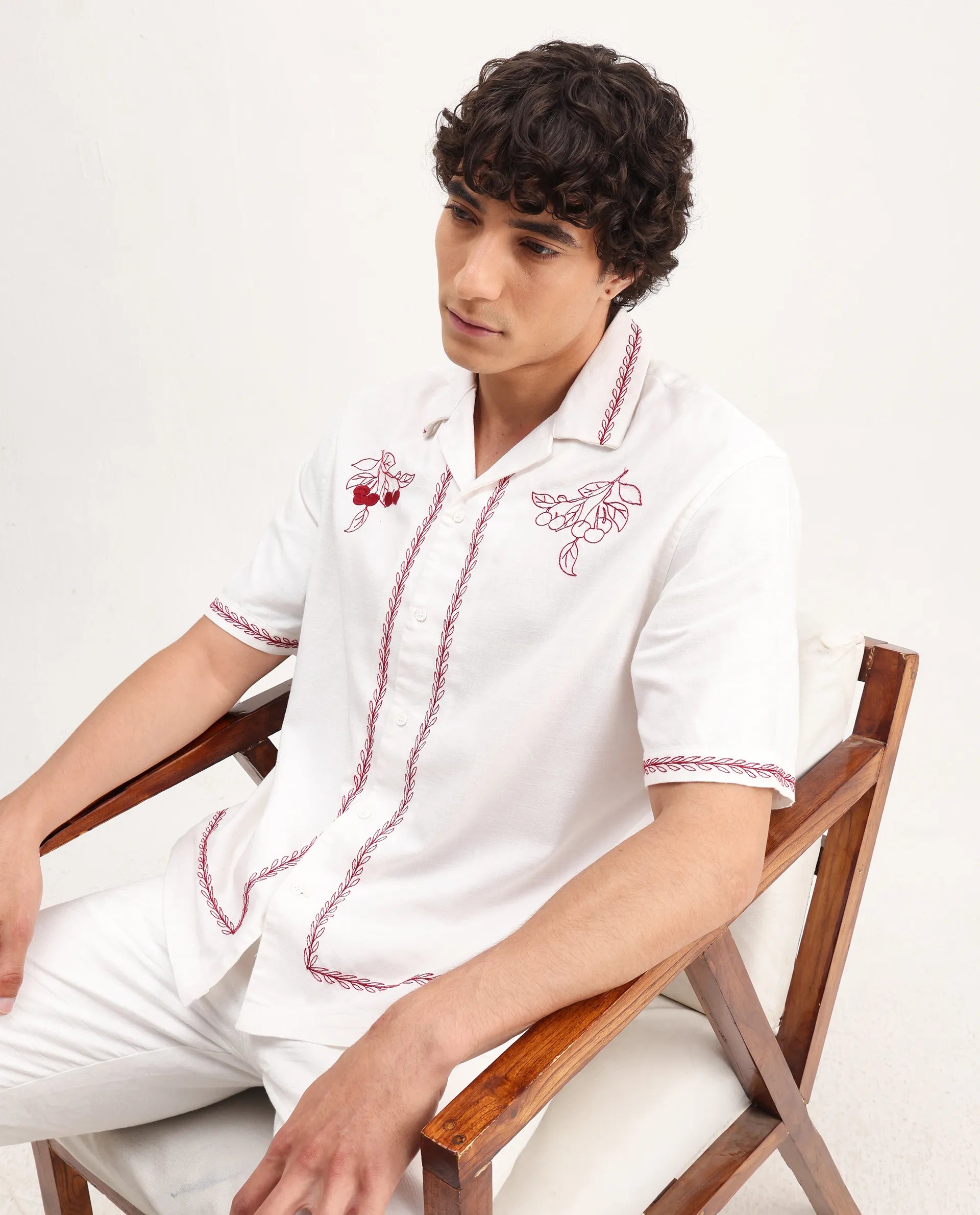 Rare Rabbit Men's Prunus Off White Cotton Embroidered Boxy Fit Half Sleeve Cuban Collar Shirt