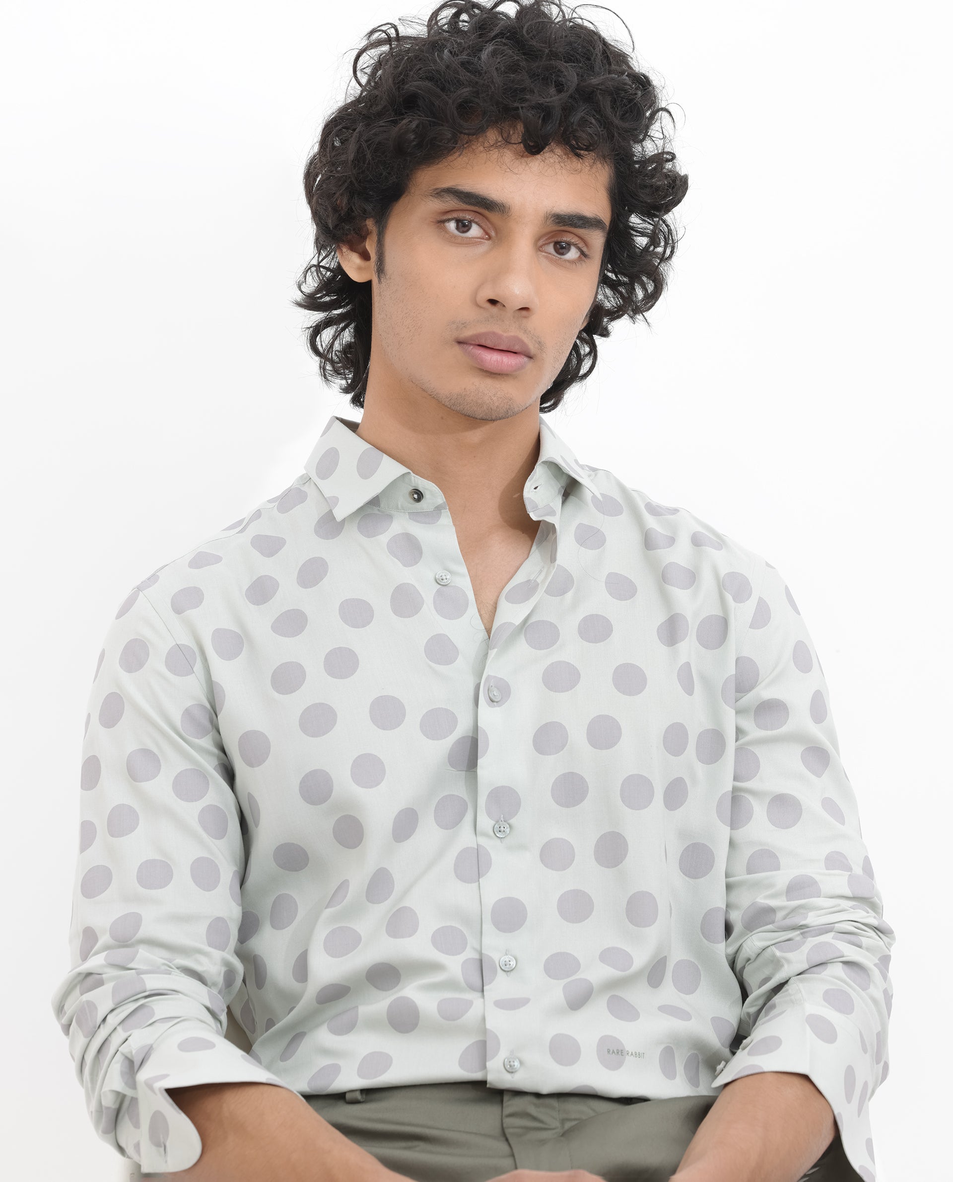 Rare Rabbit Men's Pucks Turq Viscose Fabric Full Sleeves Polka Dot Print Shirt