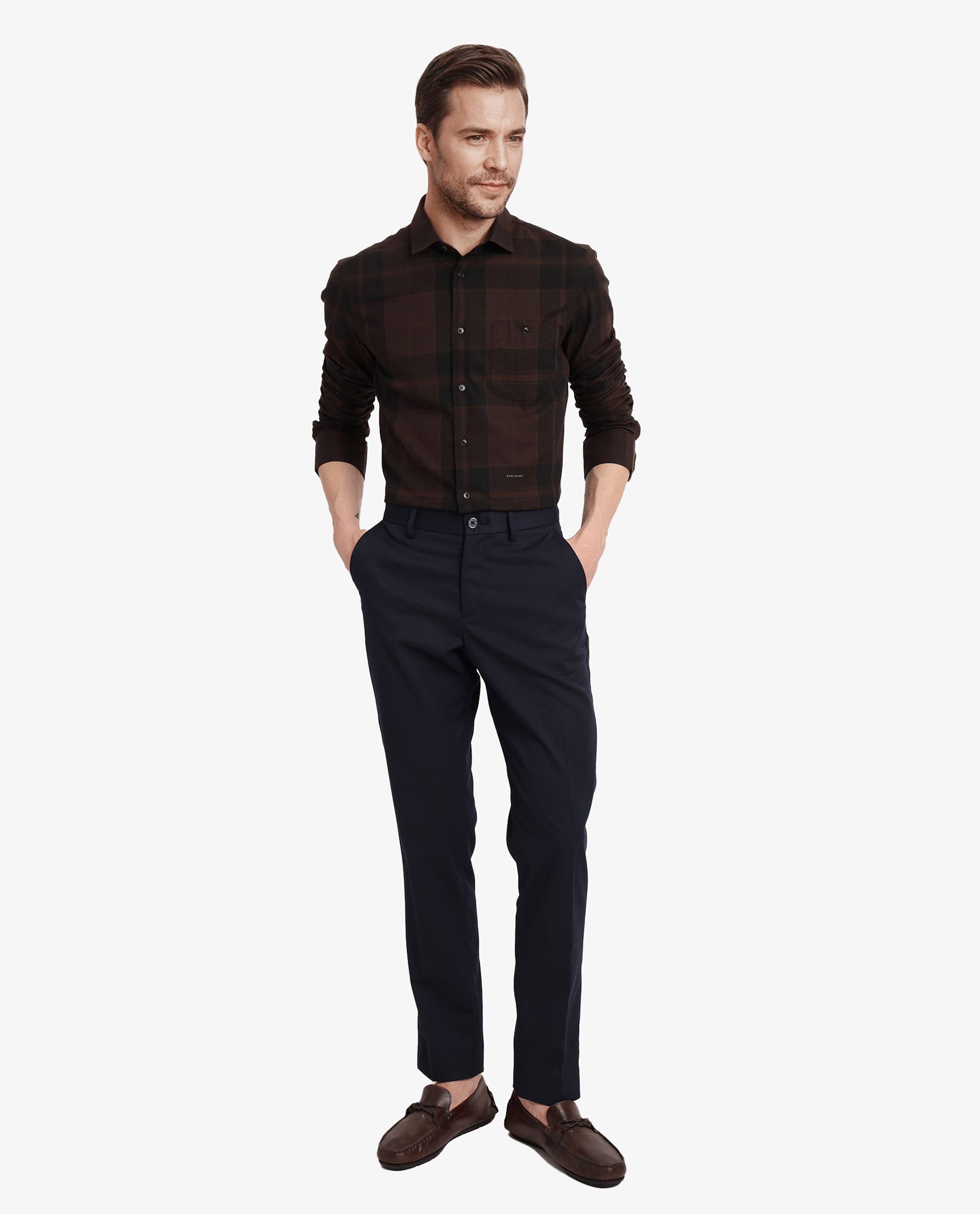 Rare Rabbit Men Pyre Dark Brown Cotton Fabric Button Down Regular Collar Regular Fit Buffalo Plaid Shirt