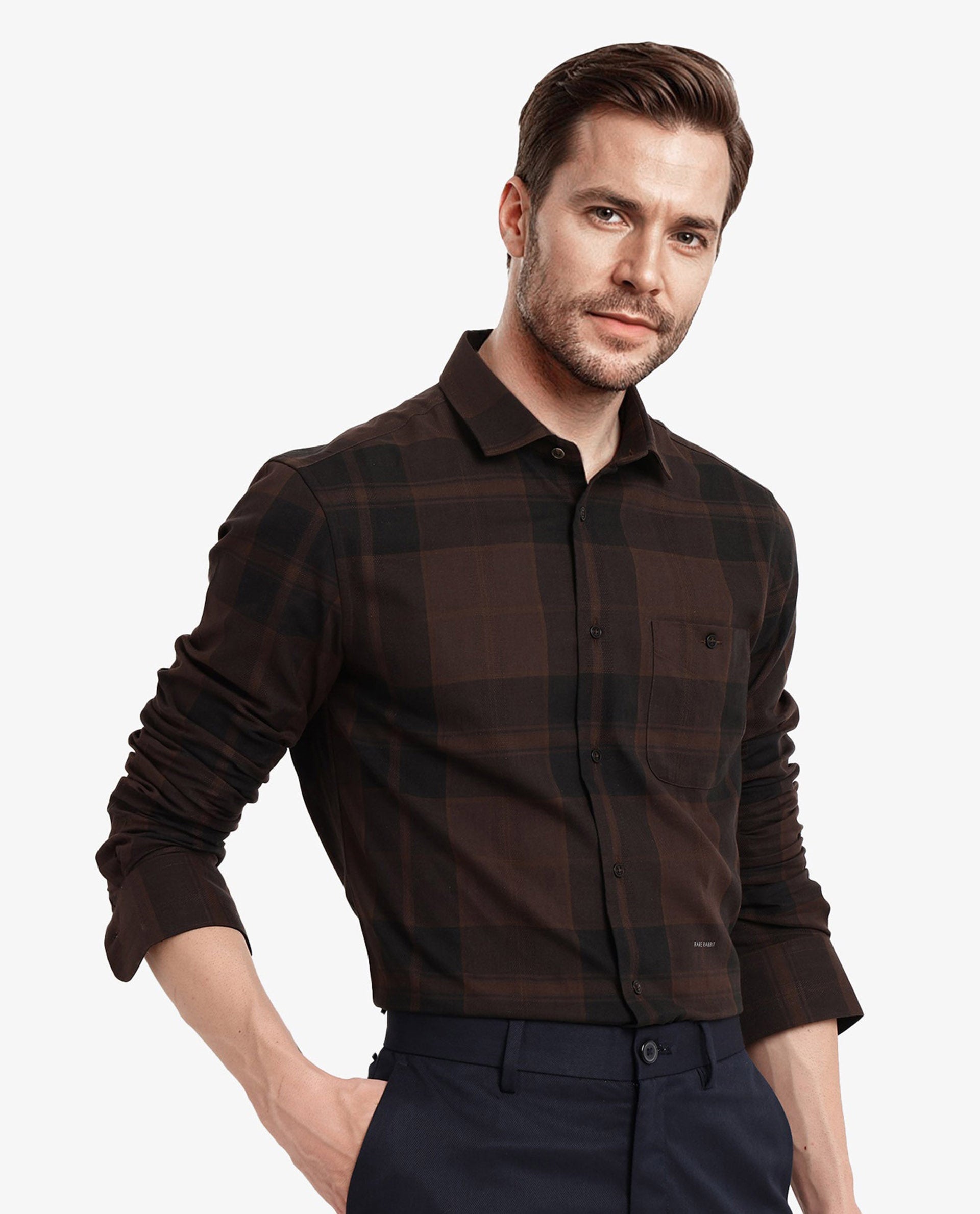 Rare Rabbit Men Pyre Dark Brown Cotton Fabric Button Down Regular Collar Regular Fit Buffalo Plaid Shirt
