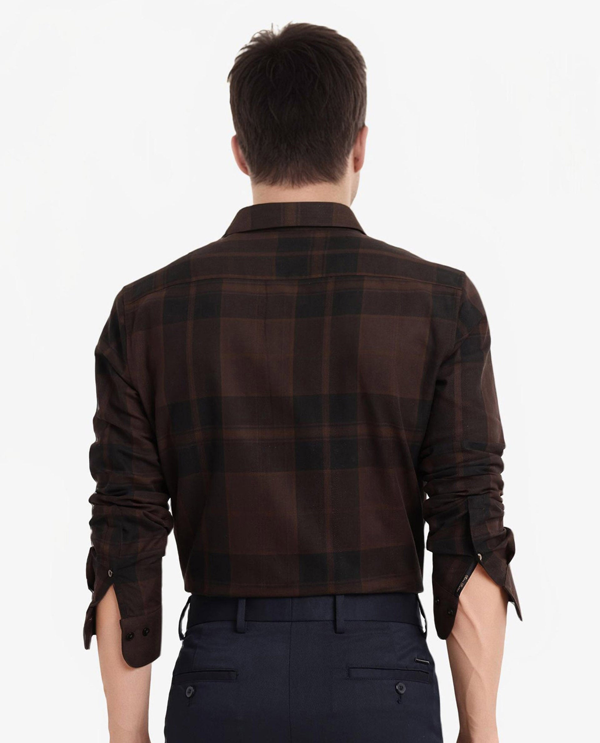 Rare Rabbit Men Pyre Dark Brown Cotton Fabric Button Down Regular Collar Regular Fit Buffalo Plaid Shirt